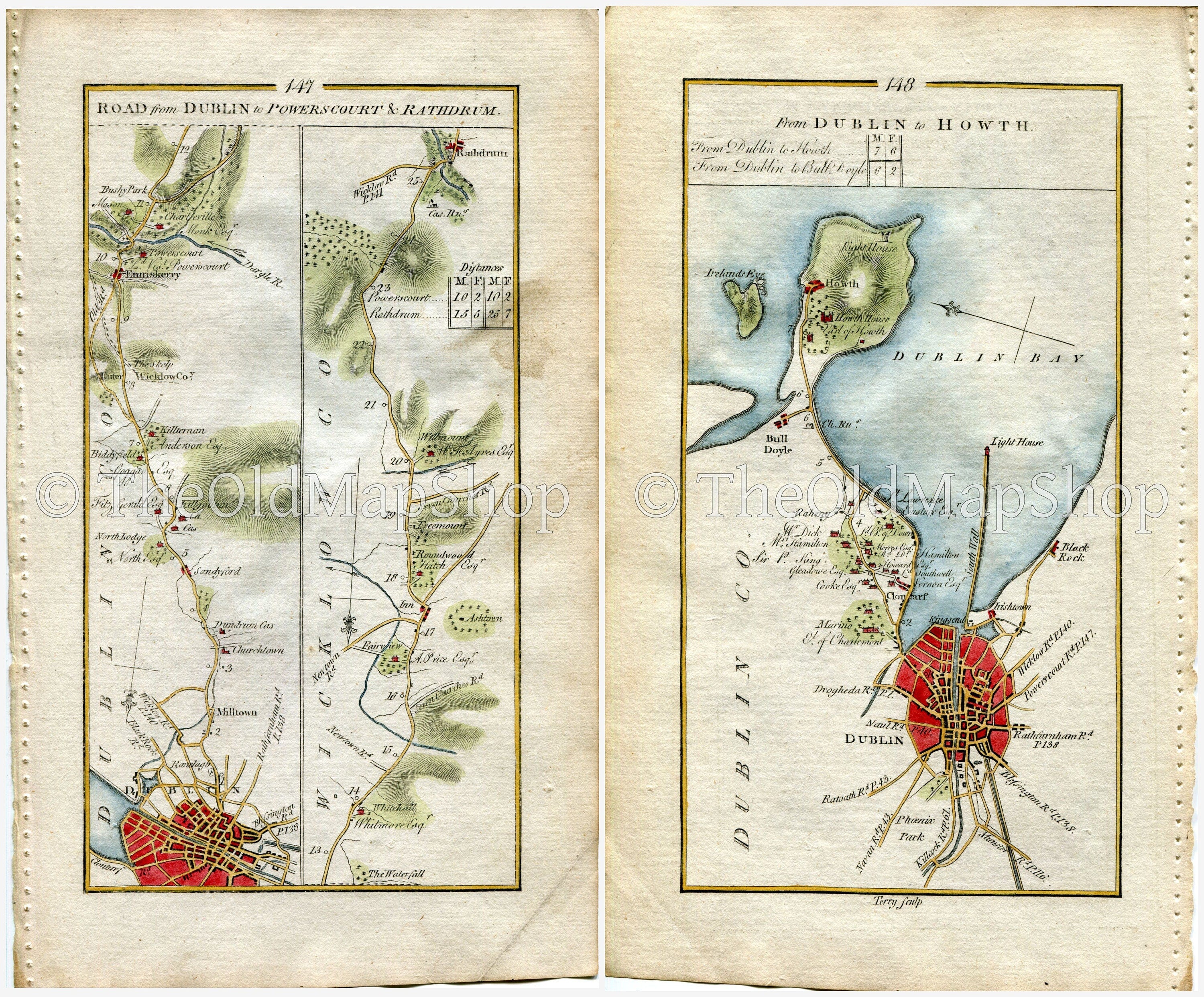 1778 Taylor & Skinner Antique Ireland Road Map 147/148 Dublin Milltown Dundrum Kilternan Enniskerry Rathdrum Clonarf Baldoyle Howth Wicklow