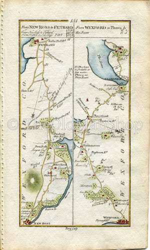 1778 Taylor & Skinner Antique Ireland Road Map 151/152 Portobello Fethard Wexford Duncormick Clonmines Tintern Enniscorthy Clonroche Wexford