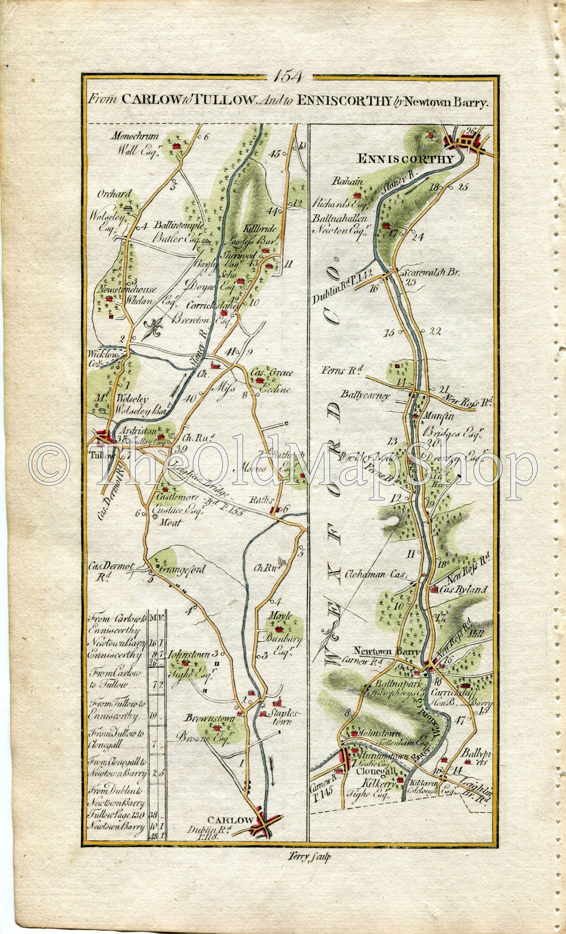1778 Taylor & Skinner Antique Ireland Road Map 153/154 Enniscorthy Borris Carlow Moyle Castlemore Tullow Clonegall Kildavin Ryland Wexford