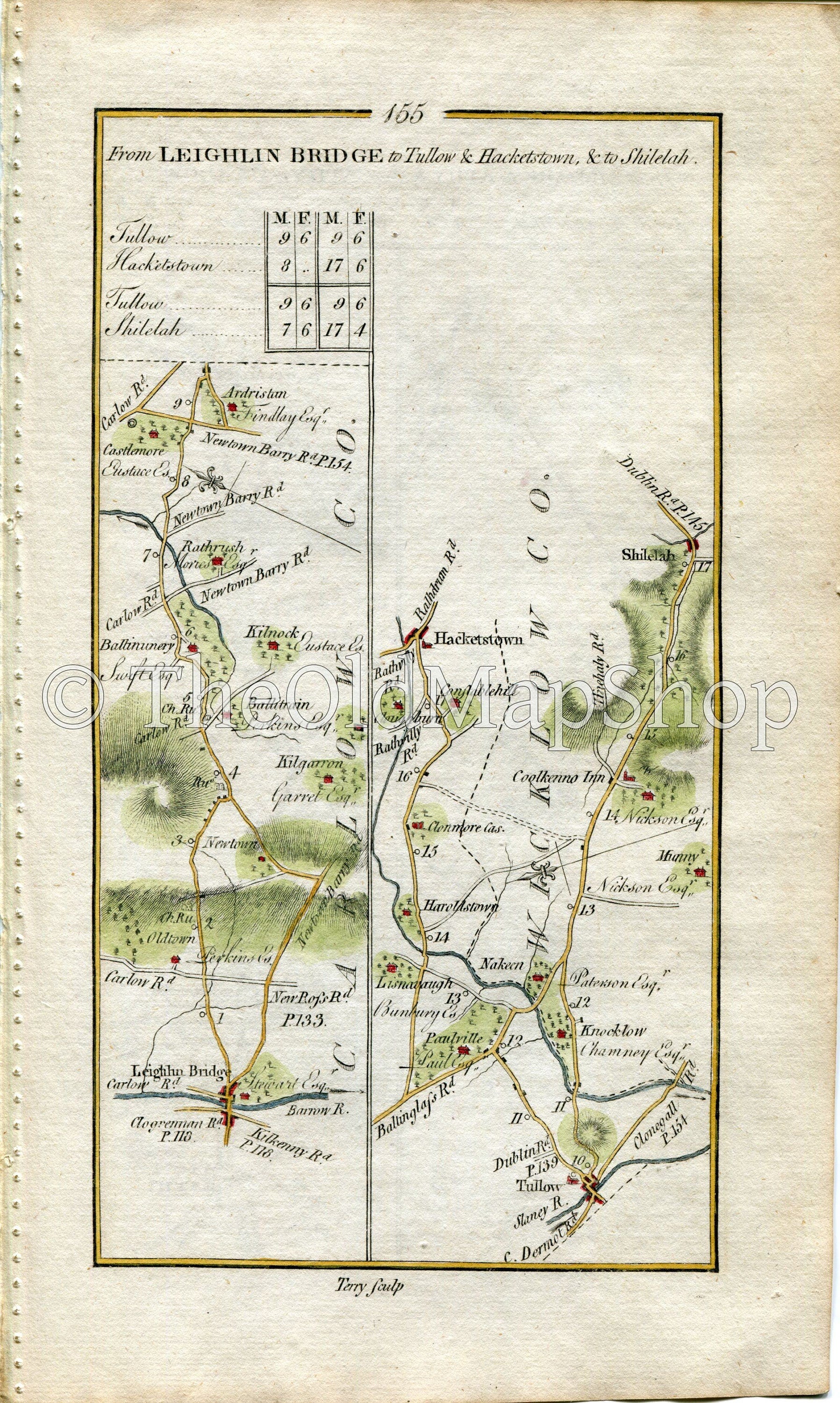 1778 Taylor & Skinner Antique Ireland Road Map 155/156 Kilnock Ardristan Tullow Kildare Athy Bestfield Carlow Wicklow Kildare Laois Offaly