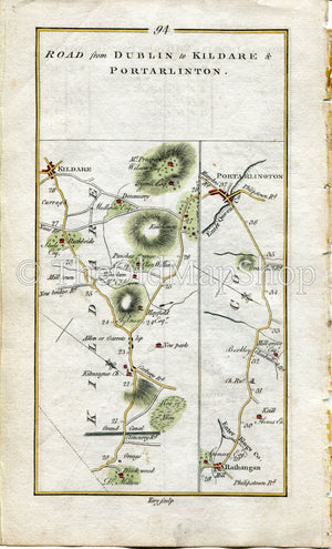1778 Taylor & Skinner Antique Ireland Road Map 93/94 Straffan Lucan Dublin Celbridge Clane Downings Kilmeage Kildare Rathangan Portarlington
