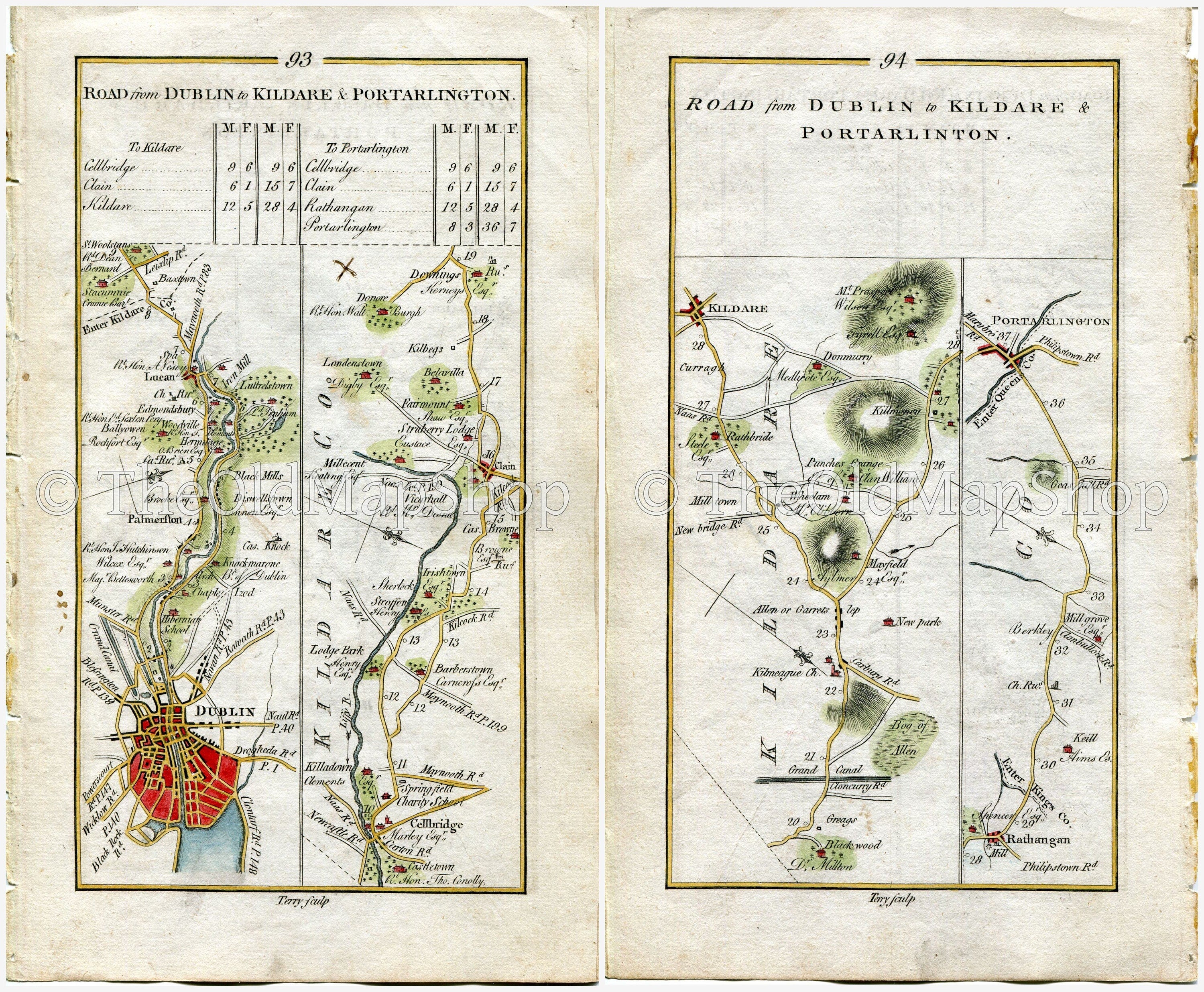 1778 Taylor & Skinner Antique Ireland Road Map 93/94 Straffan Lucan Dublin Celbridge Clane Downings Kilmeage Kildare Rathangan Portarlington