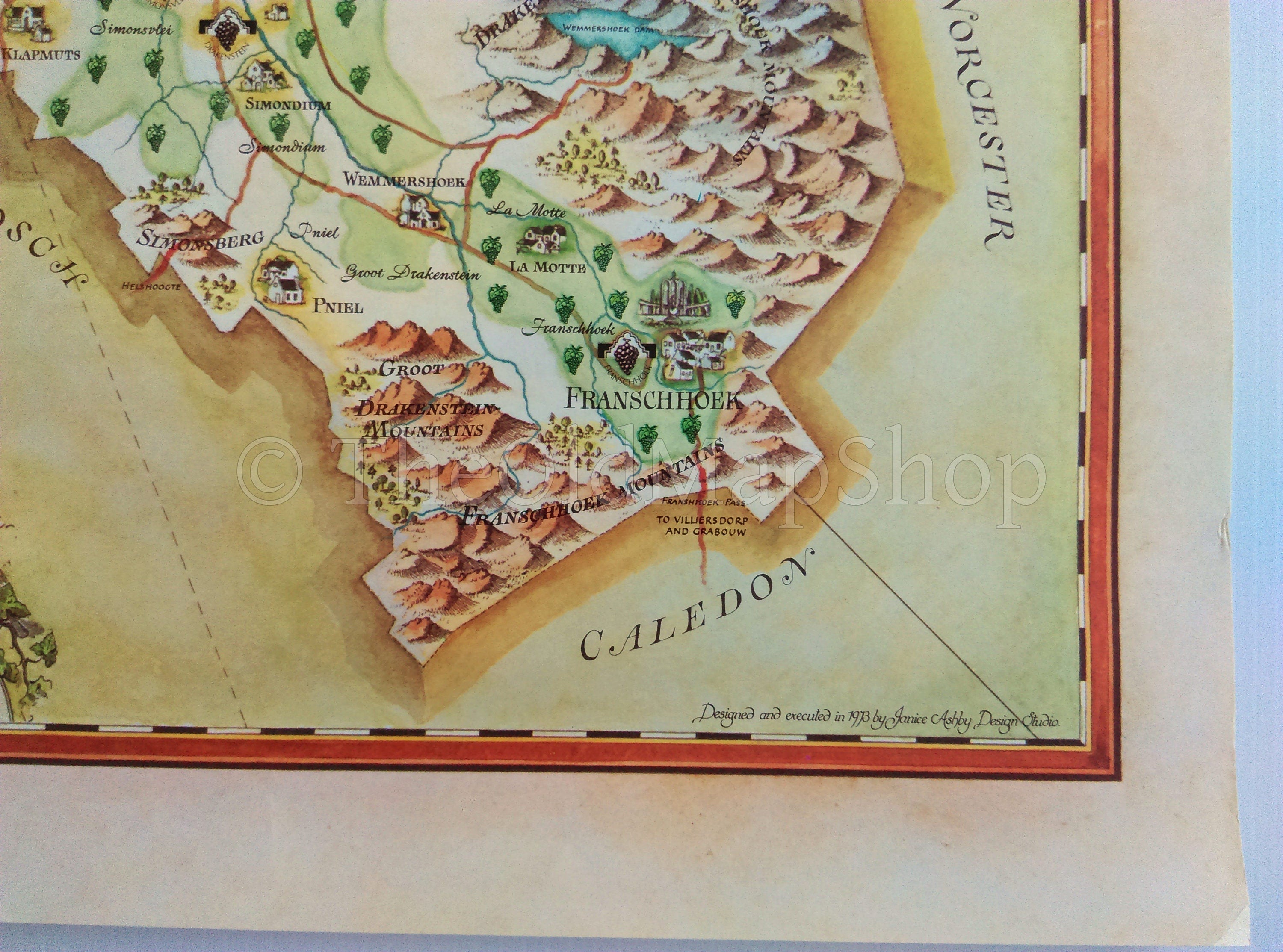 South Africa, Paarl Wine Region Vinyard Winery Map, 1973 Janice Ashby Pictorial Map, Poster