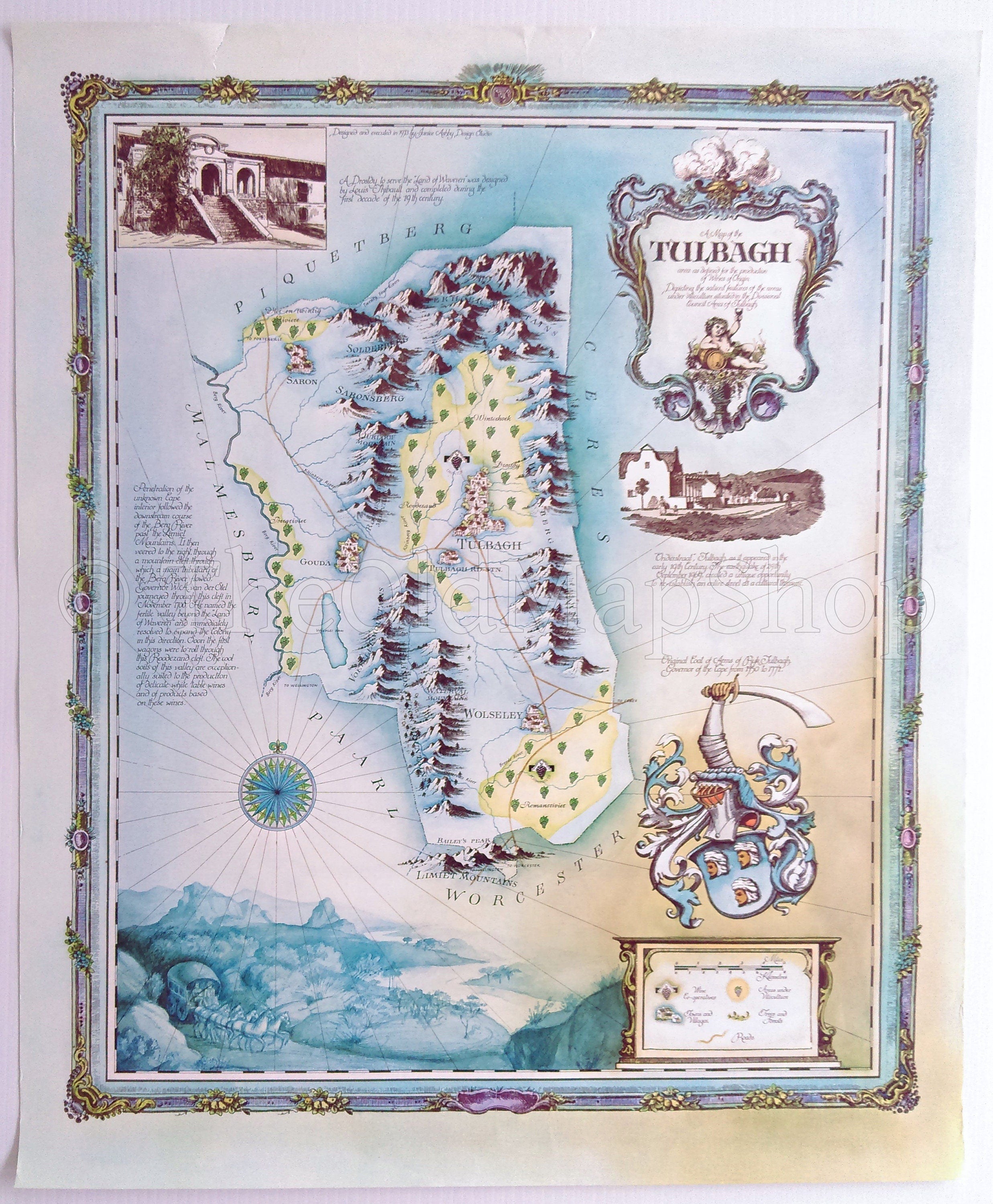 South Africa, Tulbagh Wine Region Vinyard Winery Map, 1973 Janice Ashby Pictorial Map, Poster