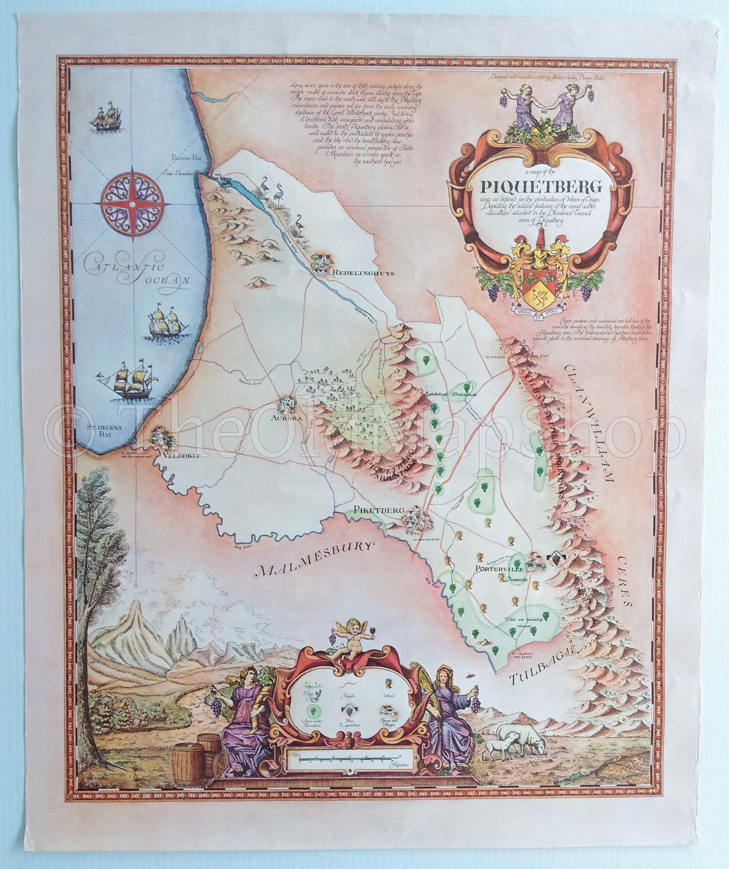 South Africa, Piquetberg Wine Region Vinyard Winery Map, 1973 Janice Ashby Pictorial Map, Poster