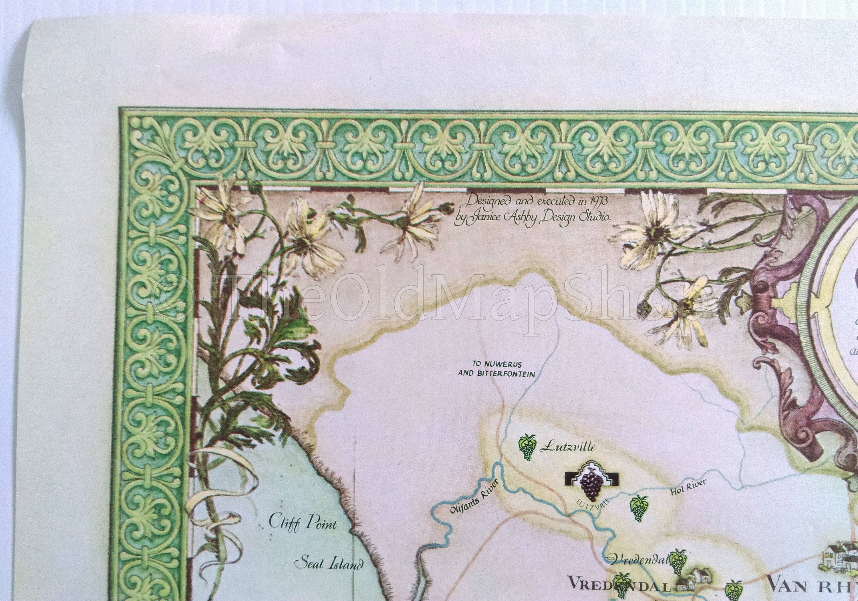 South Africa, Olifantsrivier, Olifants River, Wine Region Vinyard Winery Map, 1973 Janice Ashby Pictorial Map, Poster