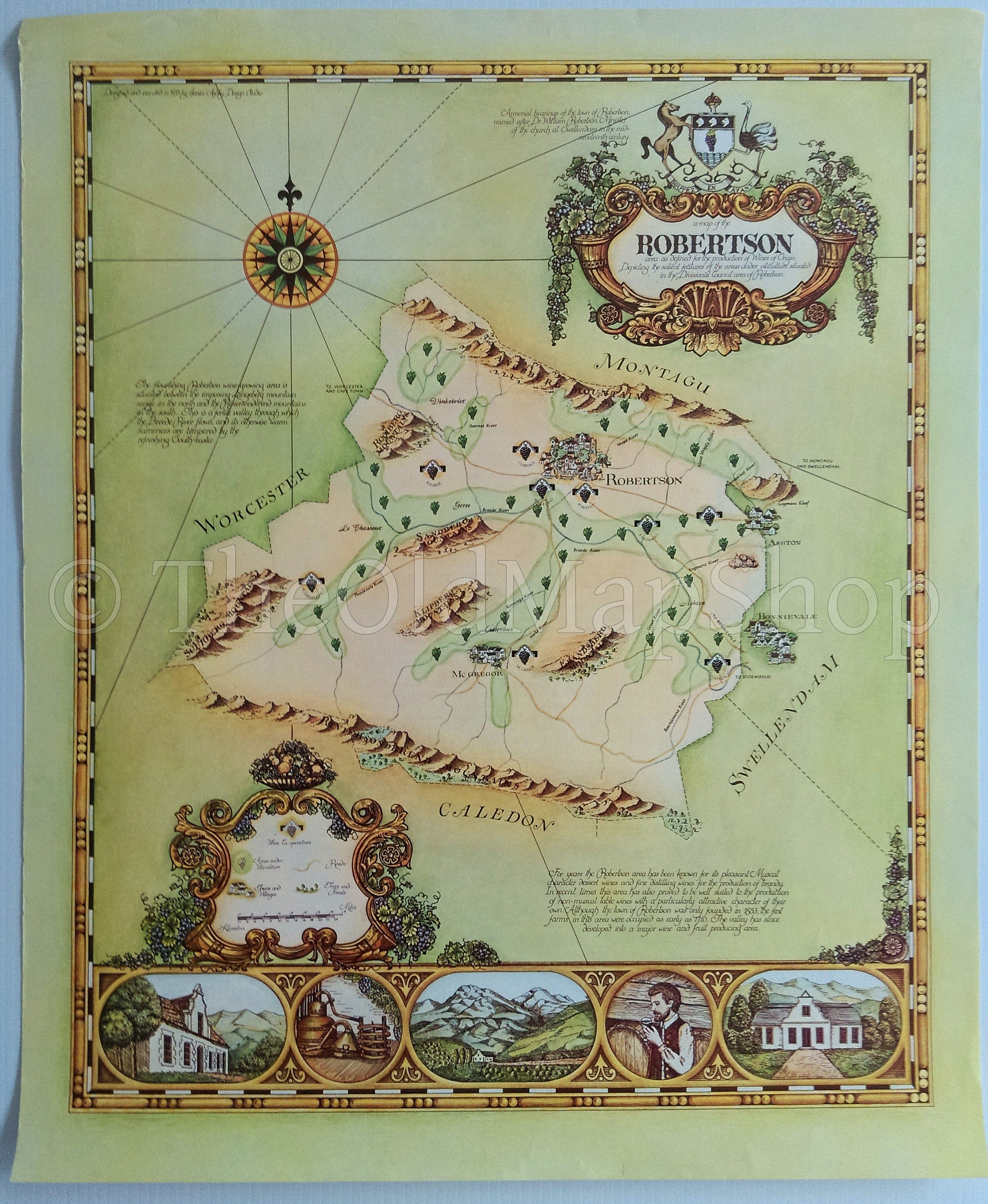South Africa, Robertson, Wine Region Vinyard Winery Map, 1973 Janice Ashby Pictorial Map, Poster