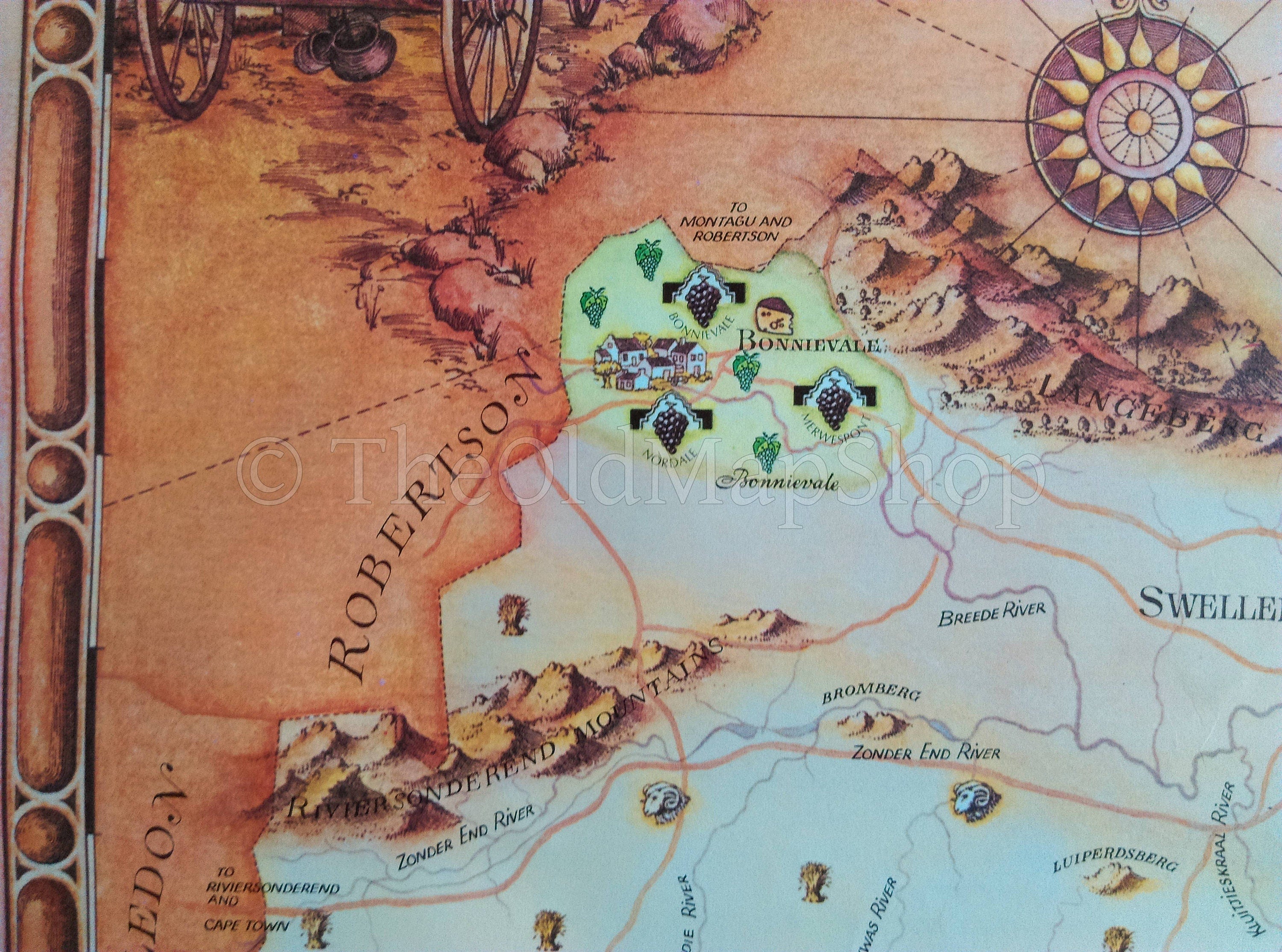 South Africa, Swellendam, Wine Region Vinyard Winery Map, 1973 Janice Ashby Pictorial Map, Poster