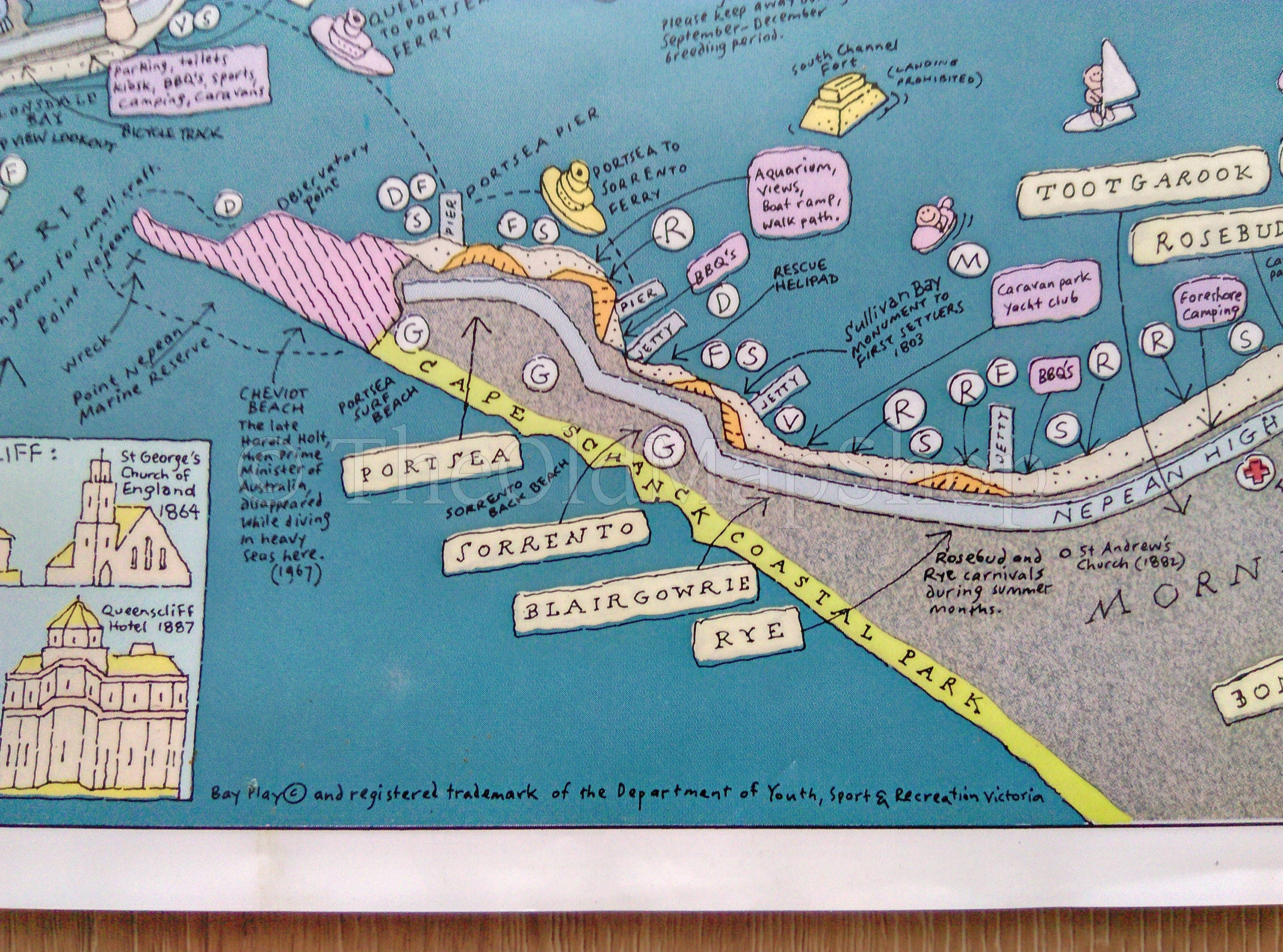 c.1984 Port Phillip Bay Play Pictorial Map Melbourne Geelong Portsea Queenscliff Sorrento Rosebud Frankston Mornington Victoria Australia