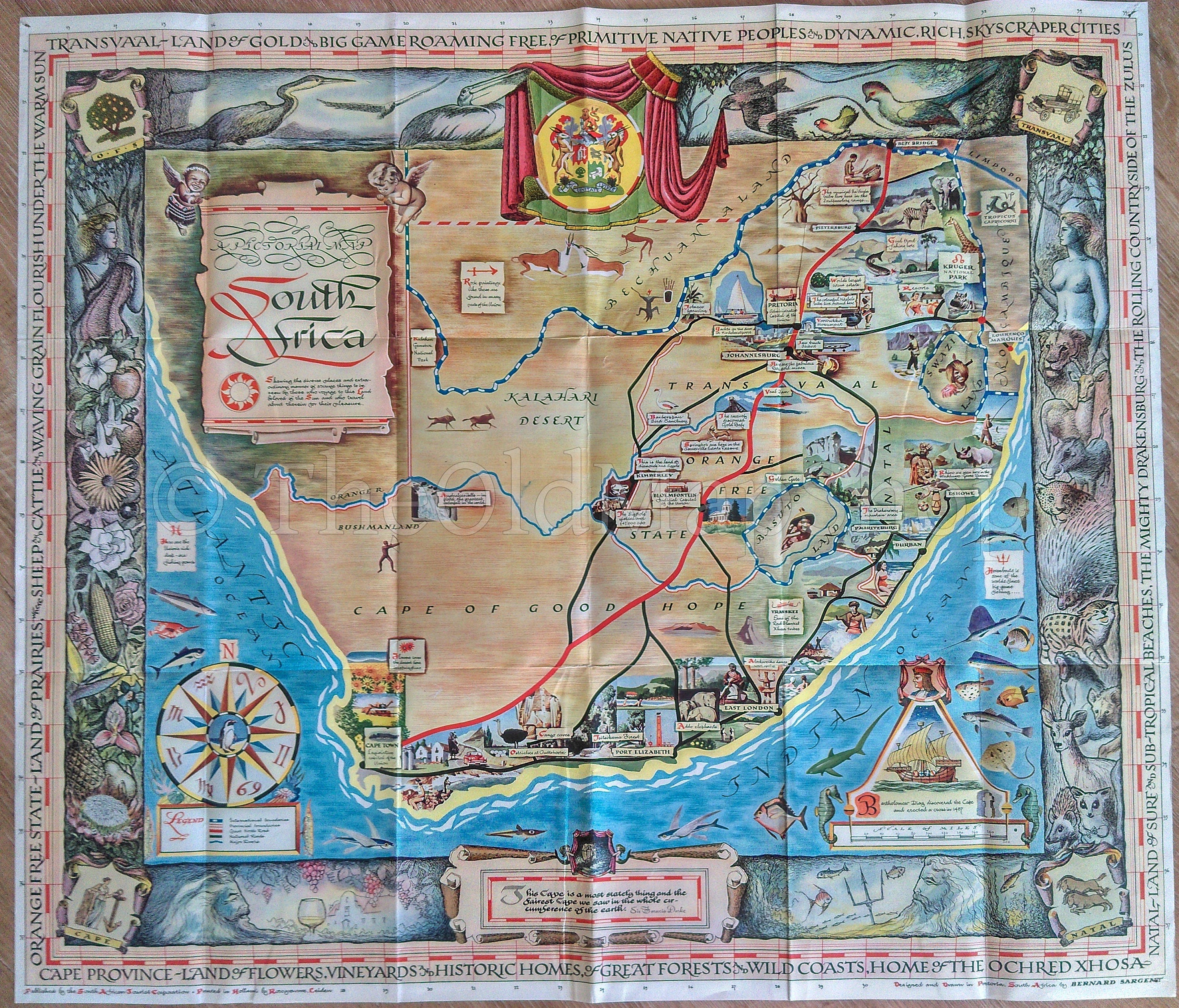 c.1950 South Africa Pictorial Map by Bernard Sargent