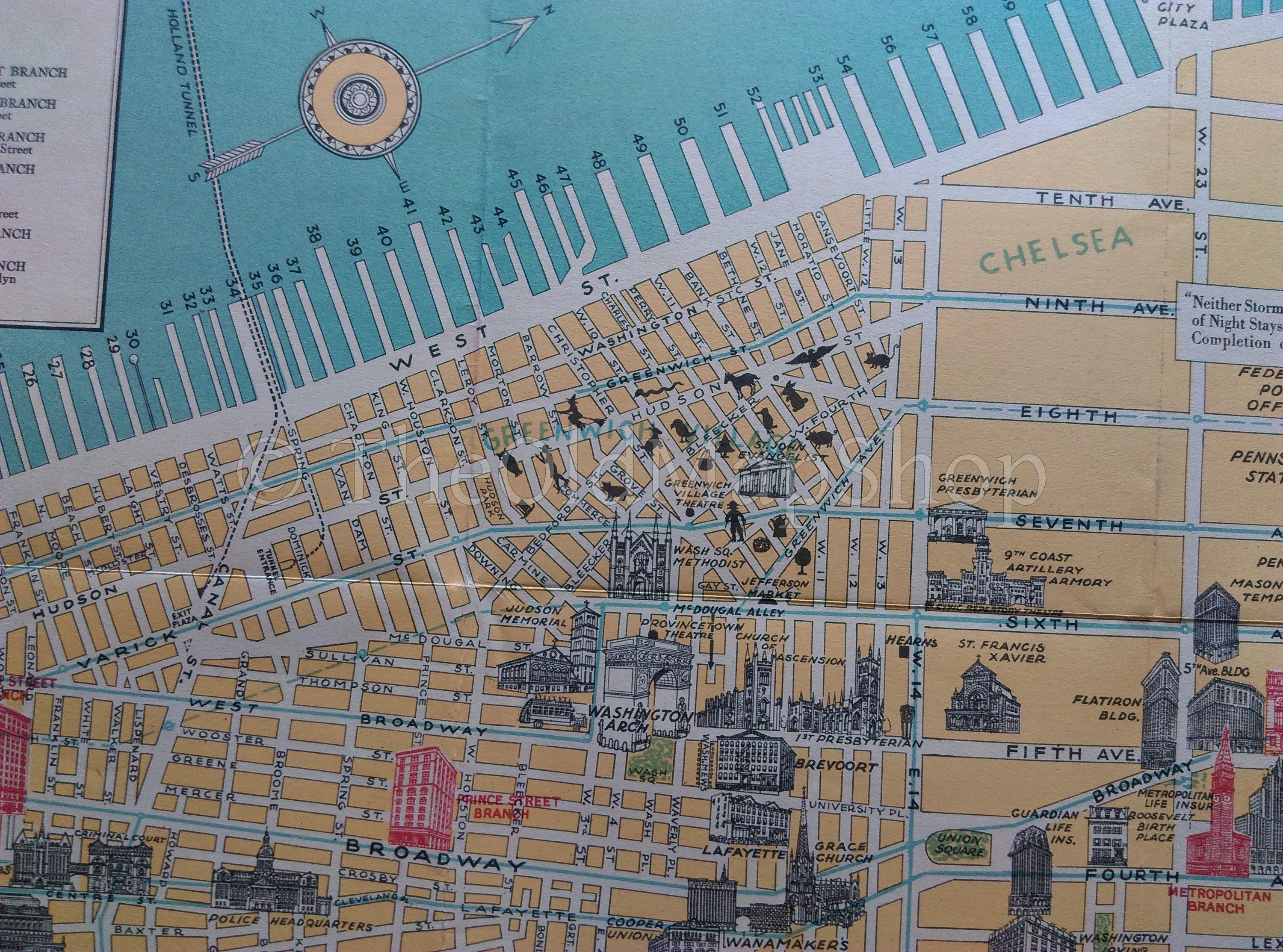 1928 Pictorial Map of New York City.....Compliments of The Chase National Bank, 1928 Arthur Crosby Service.