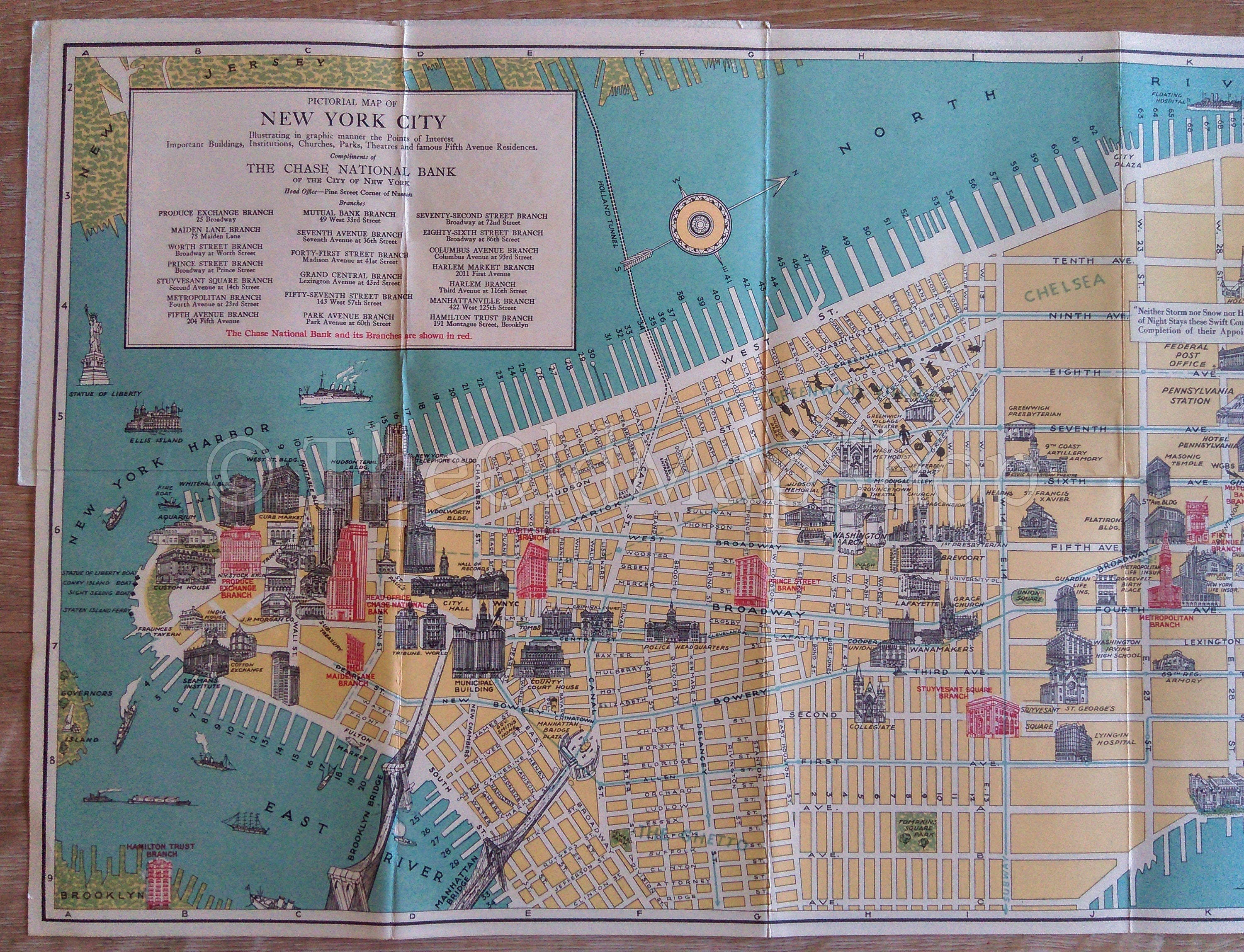 1928 Pictorial Map of New York City.....Compliments of The Chase National Bank, 1928 Arthur Crosby Service.