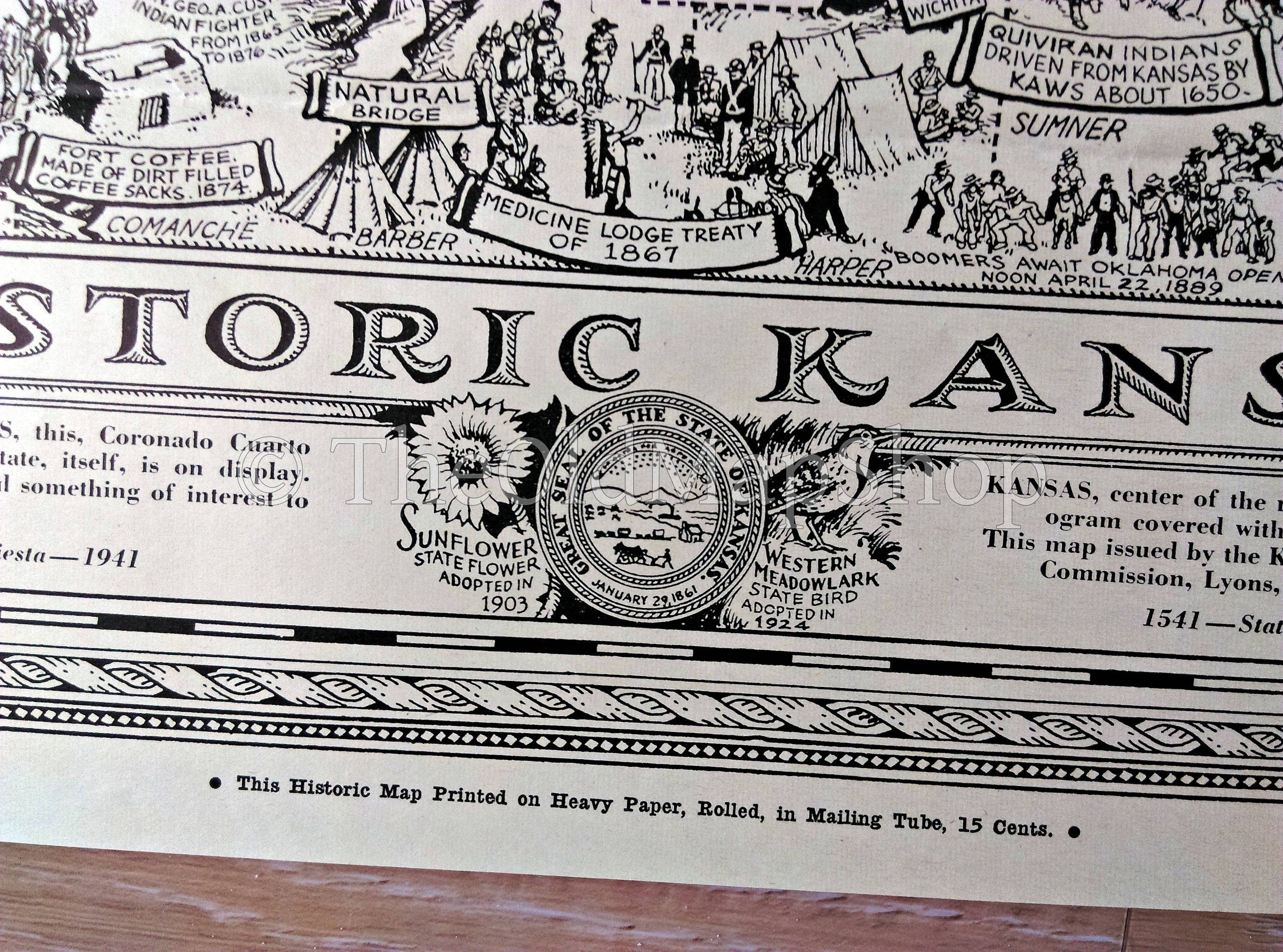 Rare 1941 Historic Kansas Pictorial Map by Frank A Cooper. Publisher Kansas Coronado Cuarto Centennial Commission