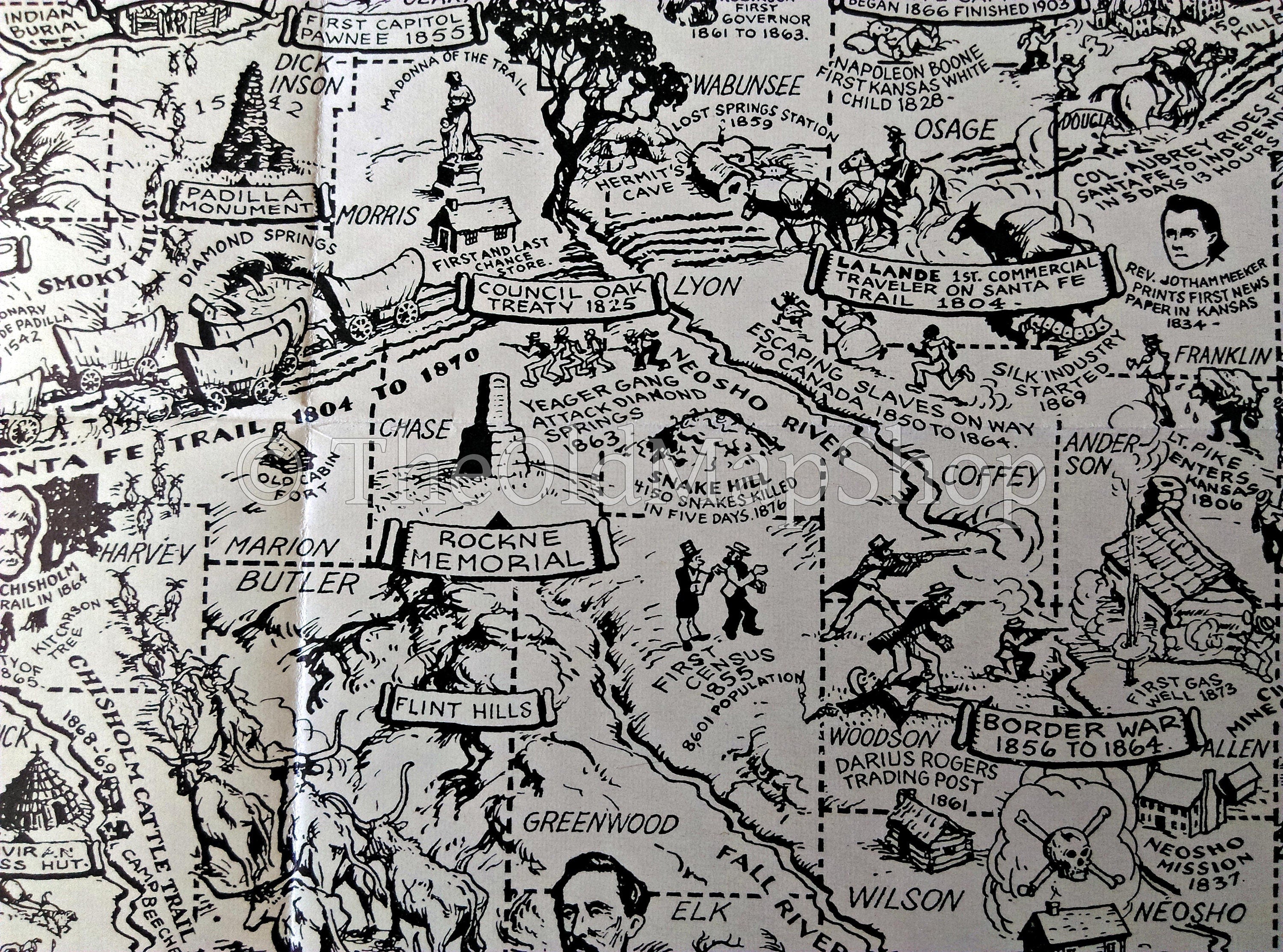 Rare 1941 Historic Kansas Pictorial Map by Frank A Cooper. Publisher Kansas Coronado Cuarto Centennial Commission
