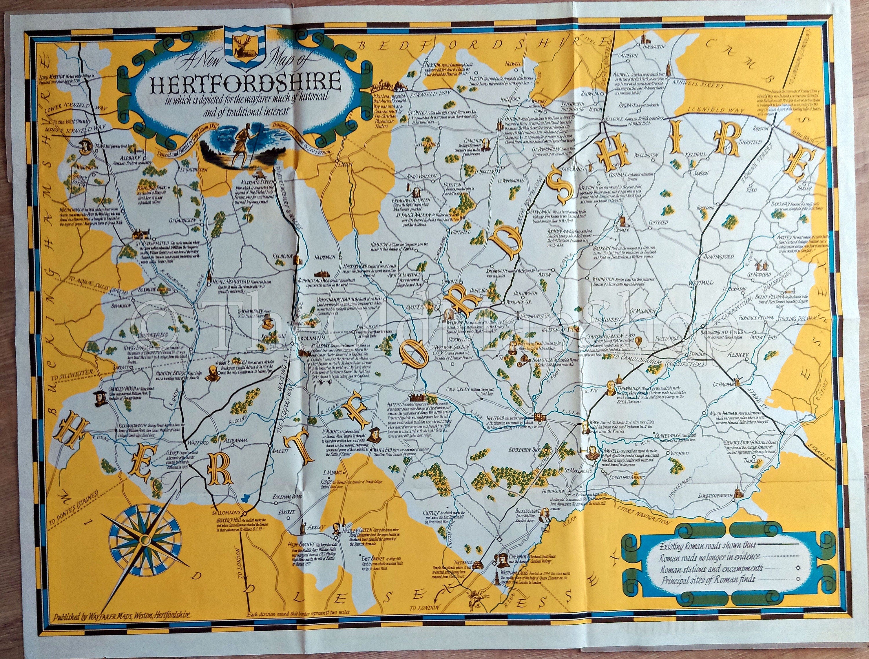 1950 Wayfarer Pictorial Map of Herts, Hertfordshire by Leo Vernon