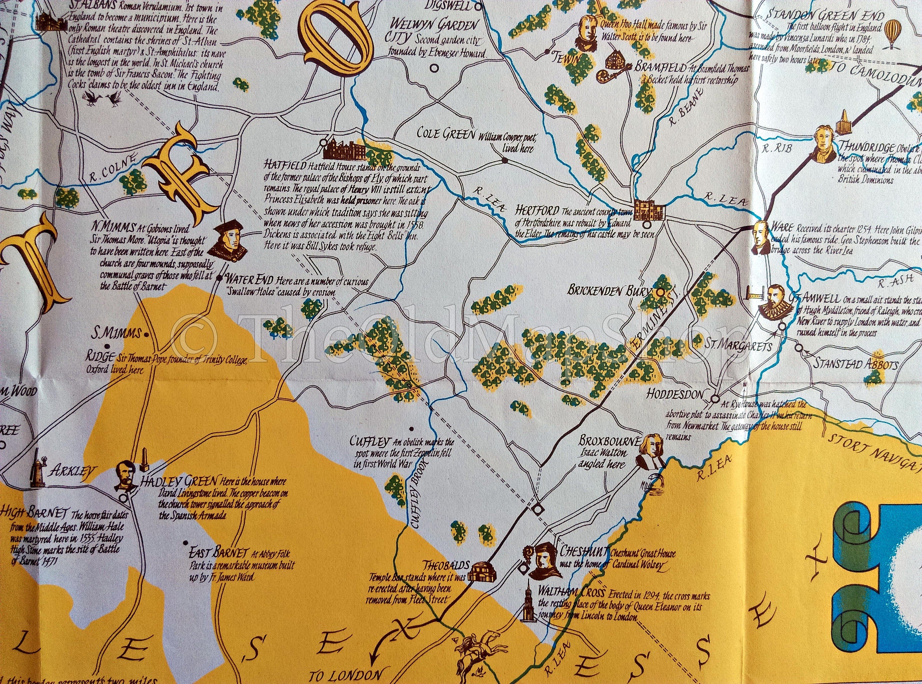 1950 Wayfarer Pictorial Map of Herts, Hertfordshire by Leo Vernon