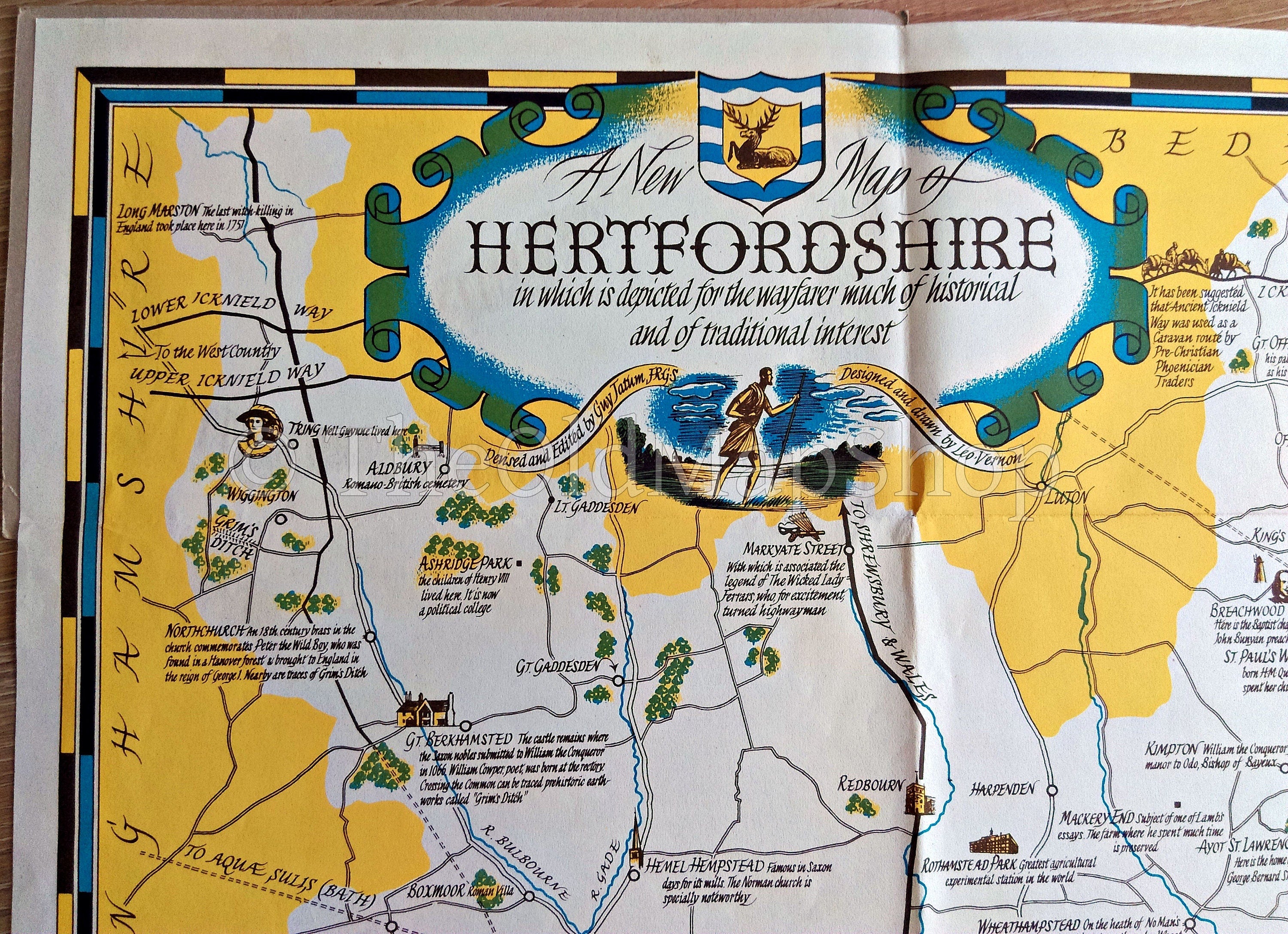 1950 Wayfarer Pictorial Map of Herts, Hertfordshire by Leo Vernon