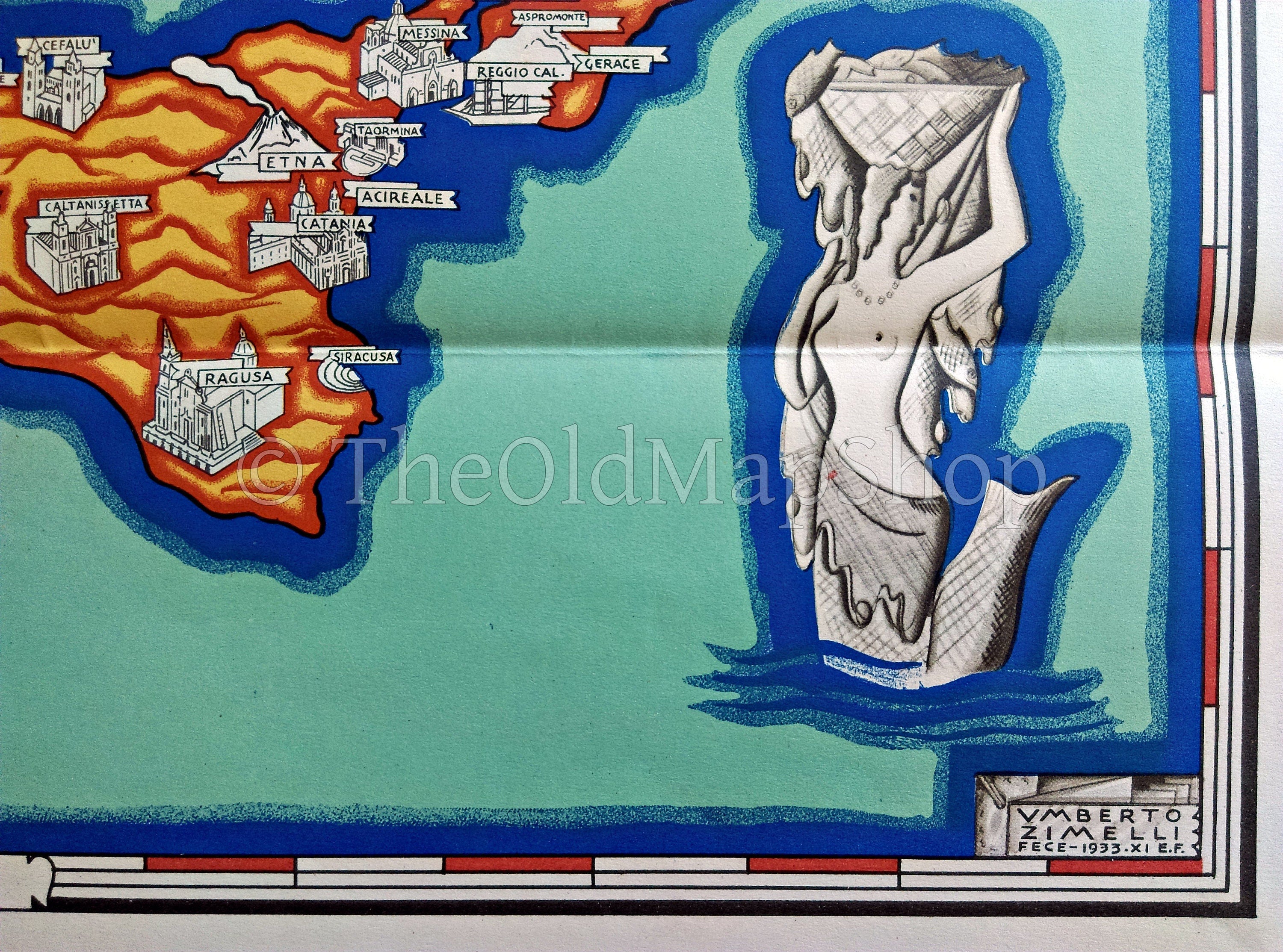 Rare 1933 Italy Pictorial Map, Umberto Zimelli, Beautiful Italy, La Belle Italie, This is the English Version of this map.
