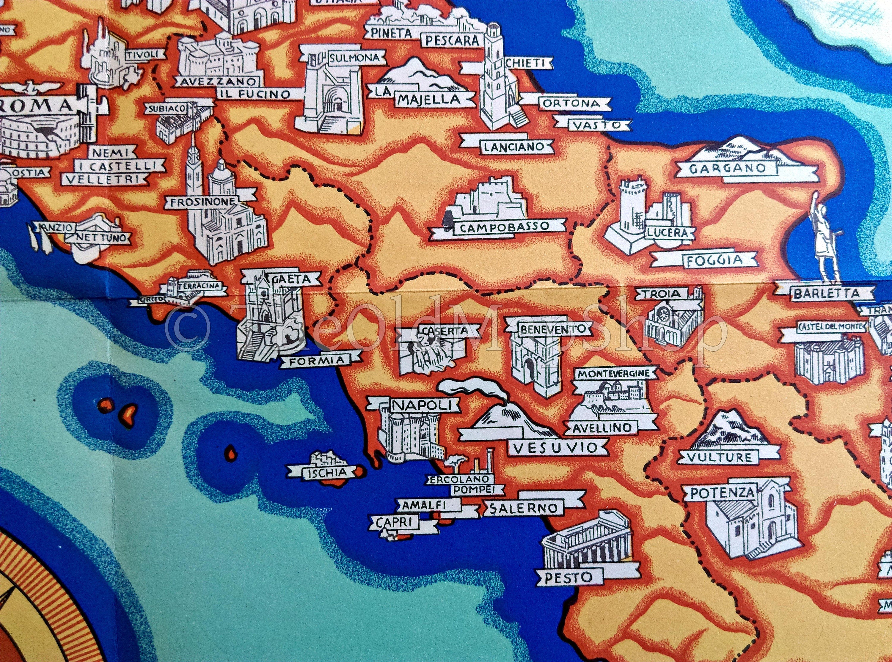 Rare 1933 Italy Pictorial Map, Umberto Zimelli, Beautiful Italy, La Belle Italie, This is the English Version of this map.