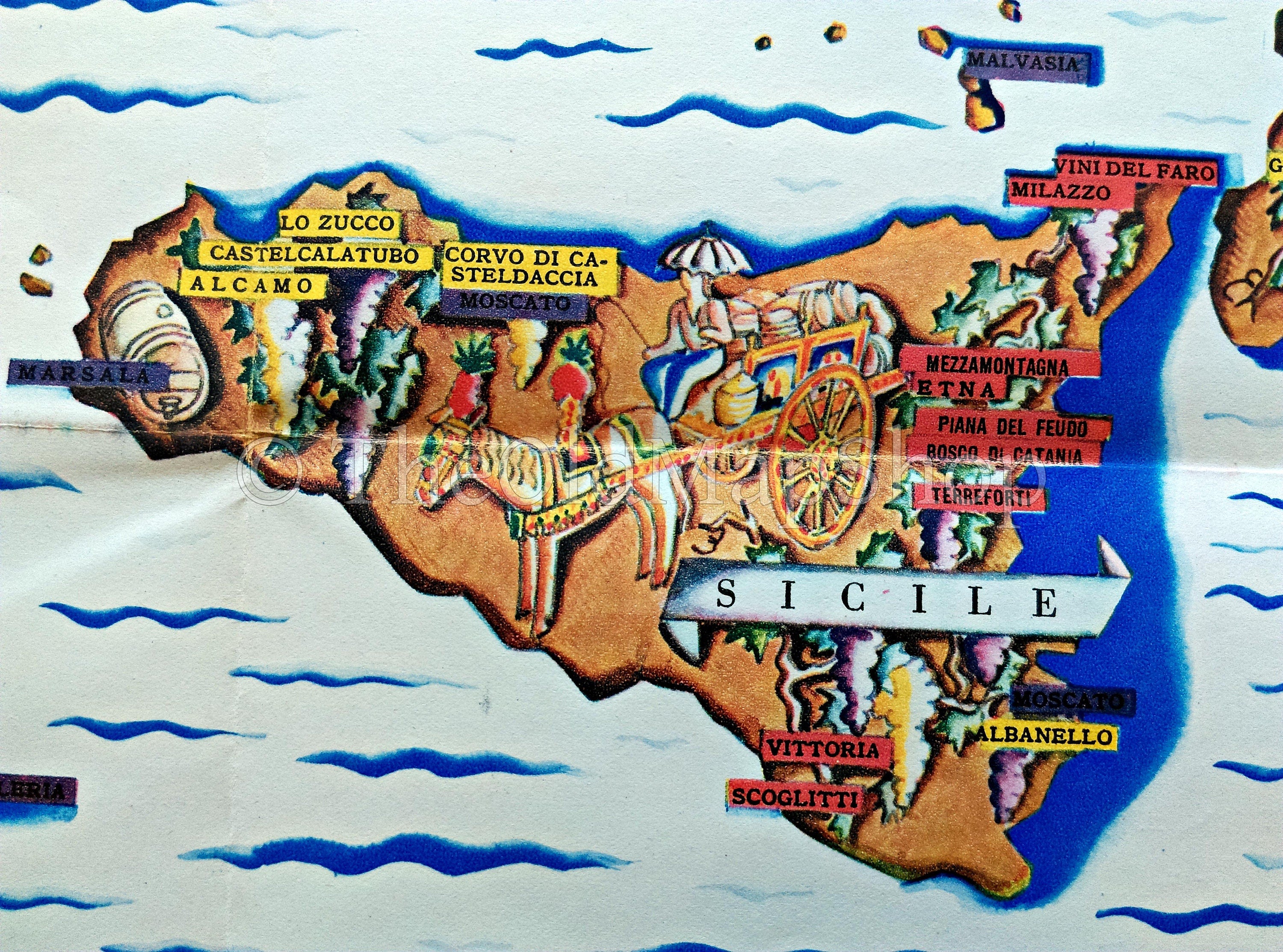 Rare 1933 Wine Map, Vins D'Italie, Wines of Italy, Pictorial Map, Umberto Zimelli, This is the French Version of this map.