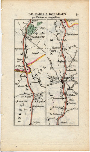 Rare 1826 A M Perrot Road Map - Vivonne, Grand-Poitiers, Naintre, Chatellerault, Les Ormes, Angouleme, Mansle, Ruffec, Chaunay, France 47/48