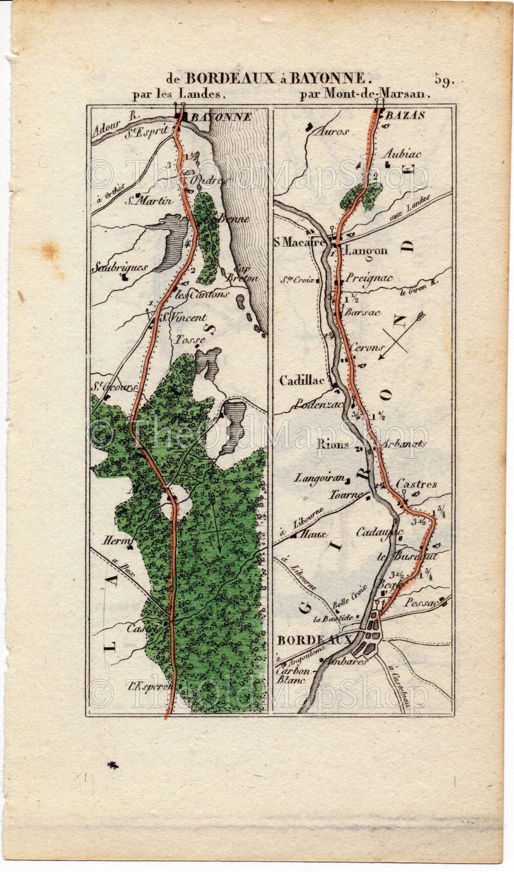 Rare 1826 A M Perrot Road Map - Bayonne, Bordeaux, Cadillac, Langon, Bazas, Roquefort, Mont-de-Marsan, Tartaz, Dax, France 59/60 - The Old Map Shop