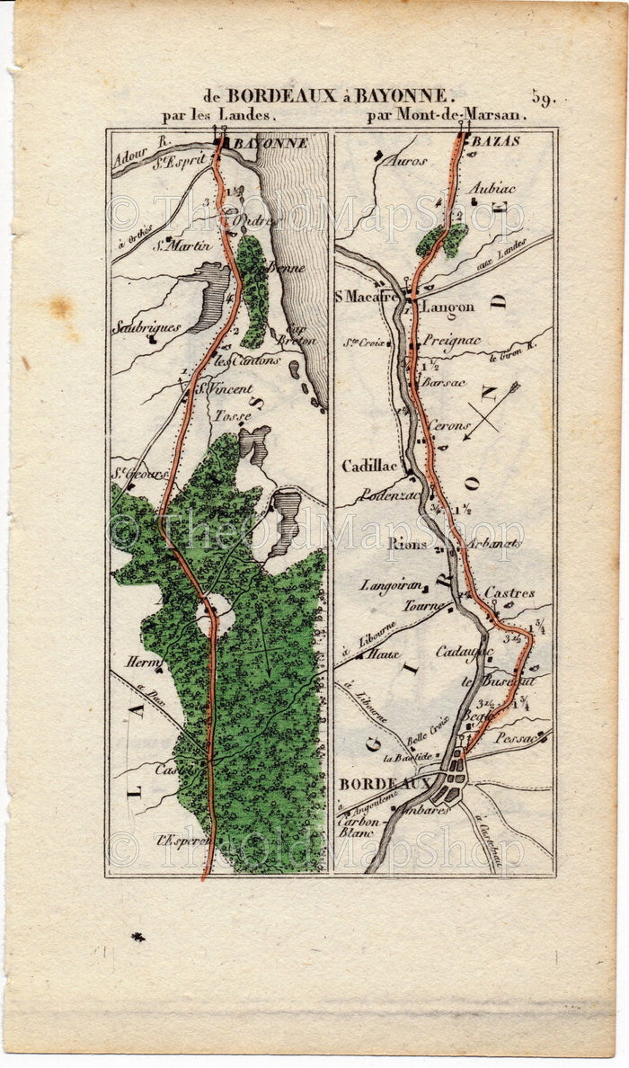 Rare 1826 A M Perrot Road Map - Bayonne, Bordeaux, Cadillac, Langon, Bazas, Roquefort, Mont-de-Marsan, Tartaz, Dax, France 59/60