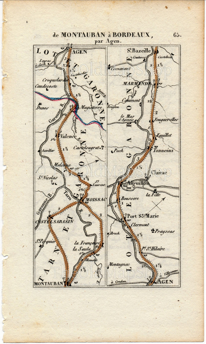 Rare 1826 A M Perrot Road Map - Montauban, Moissac, Valence, Agen, Aiguillon, Marmande, La Reole, Langon, Toulouse, Auch, France 65/66
