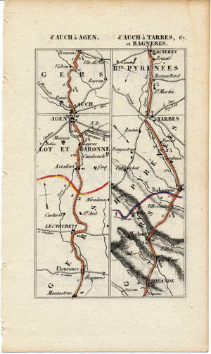 Rare 1826 A M Perrot Road Map - Fleurance, Lectoure, Agen, Auch, Mirande, Tarbes, Pau, Orthez, Peyrehorade, France 67/68