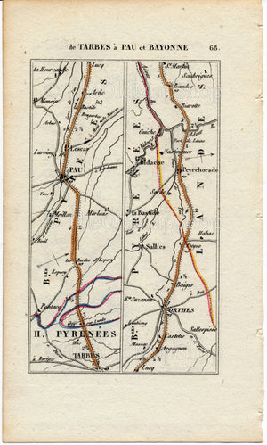 Rare 1826 A M Perrot Road Map - Fleurance, Lectoure, Agen, Auch, Mirande, Tarbes, Pau, Orthez, Peyrehorade, France 67/68