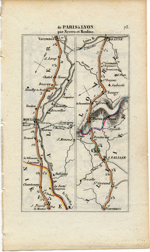 Rare 1826 A M Perrot Road Map - Moulins, Nevers, Varennes-Vauzelles, Lapalisse, Roanne, Tarare, L'Arbresle, Lyon, Paris, Melun, France 73/74 - The Old Map Shop