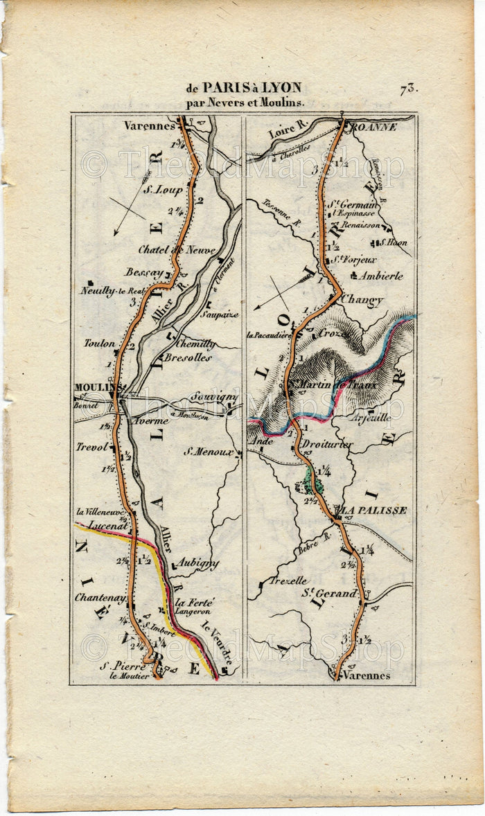 Rare 1826 A M Perrot Road Map - Moulins, Nevers, Varennes-Vauzelles, Lapalisse, Roanne, Tarare, L'Arbresle, Lyon, Paris, Melun, France 73/74