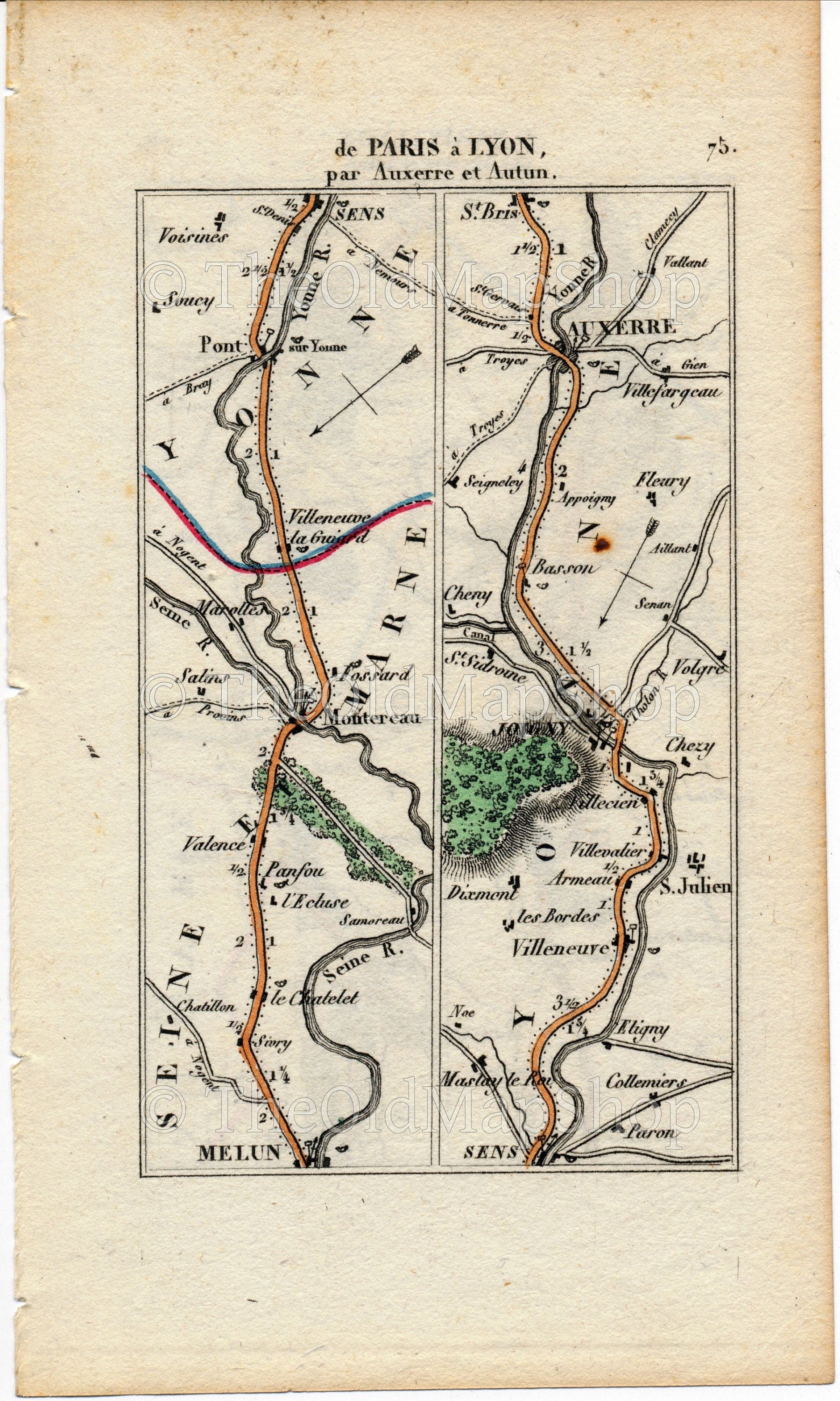 Rare 1826 A M Perrot Road Map - Melun, Montereau, Sens, Joigny, Auxerre, Autun, Saulieu, Rouvray, Nitry, Vermenton, France 75/76 - The Old Map Shop