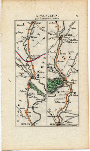 Rare 1826 A M Perrot Road Map - Melun, Montereau, Sens, Joigny, Auxerre, Autun, Saulieu, Rouvray, Nitry, Vermenton, France 75/76 - The Old Map Shop