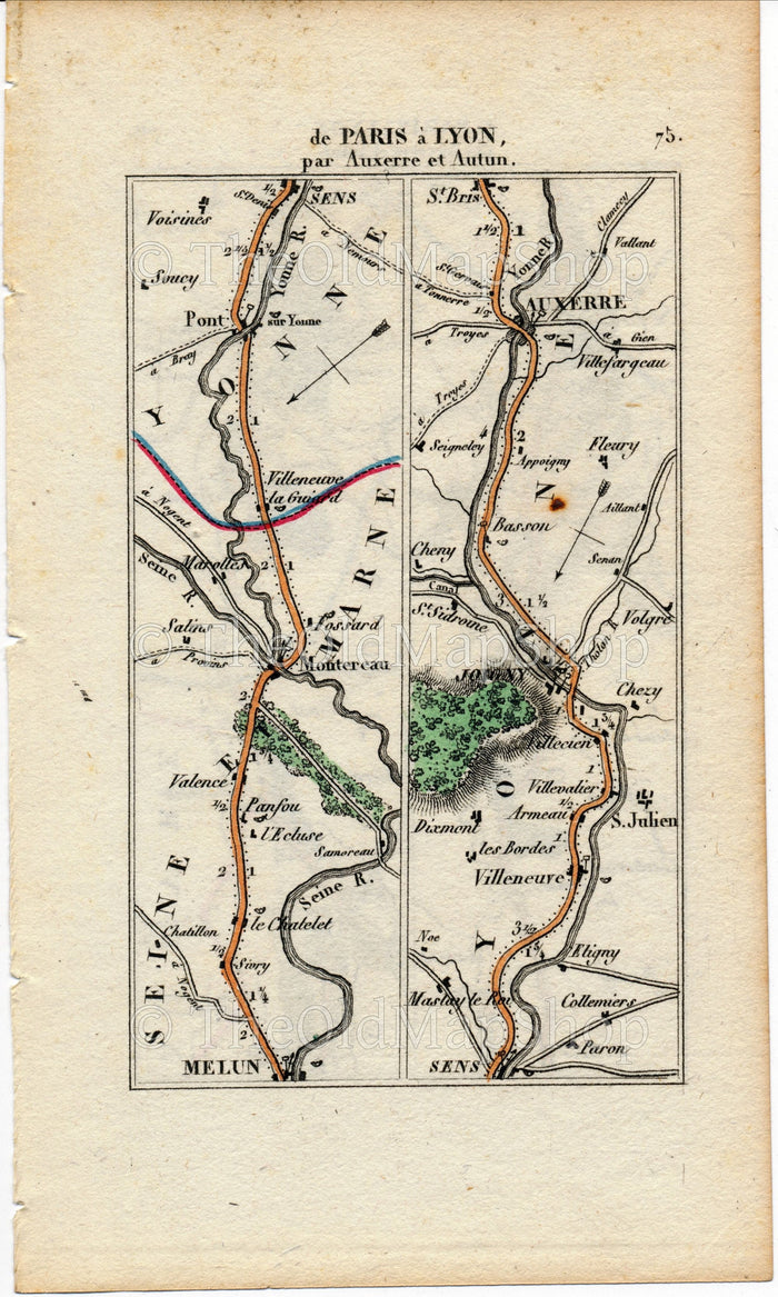 Rare 1826 A M Perrot Road Map - Melun, Montereau, Sens, Joigny, Auxerre, Autun, Saulieu, Rouvray, Nitry, Vermenton, France 75/76