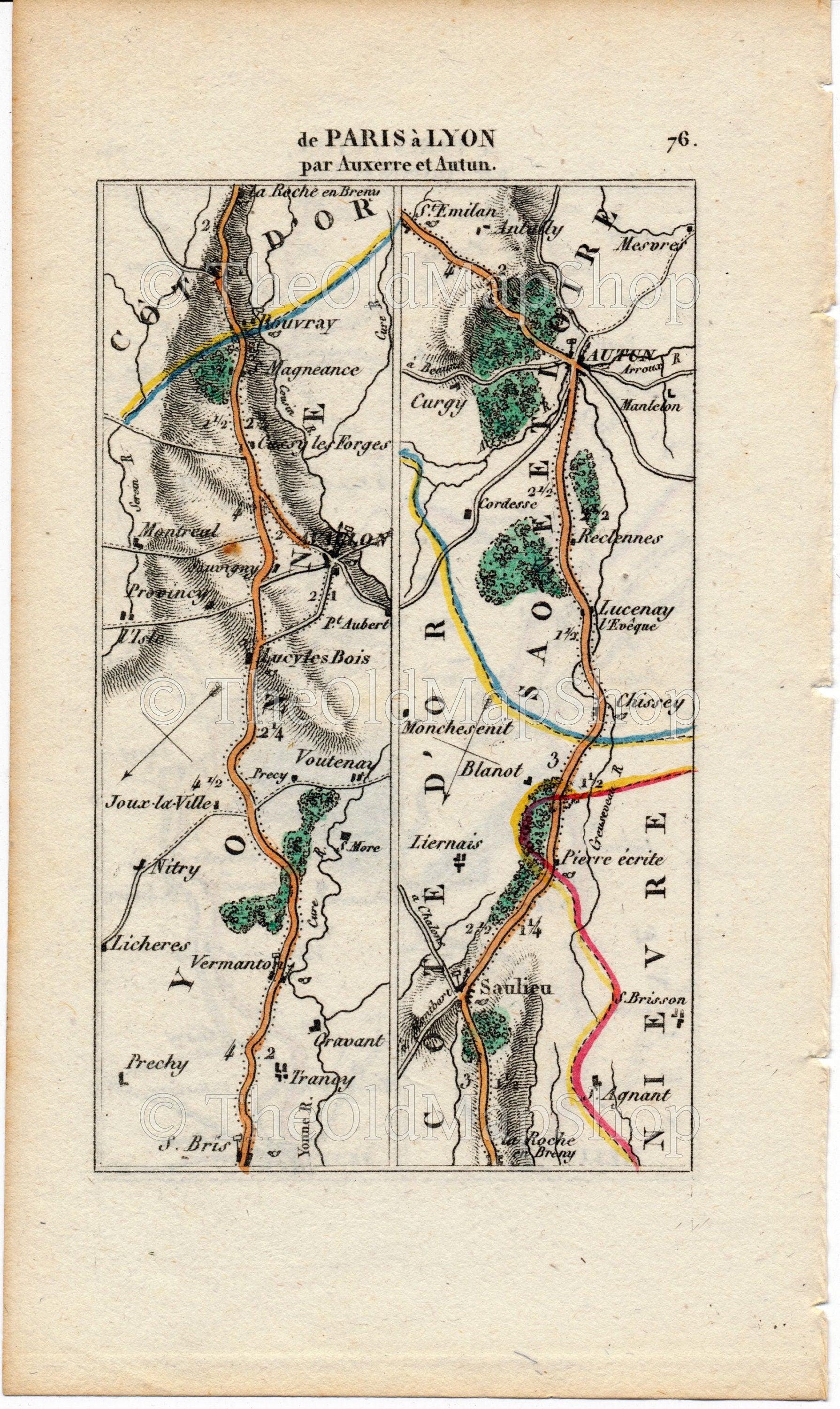 Rare 1826 A M Perrot Road Map - Melun, Montereau, Sens, Joigny, Auxerre, Autun, Saulieu, Rouvray, Nitry, Vermenton, France 75/76 - The Old Map Shop