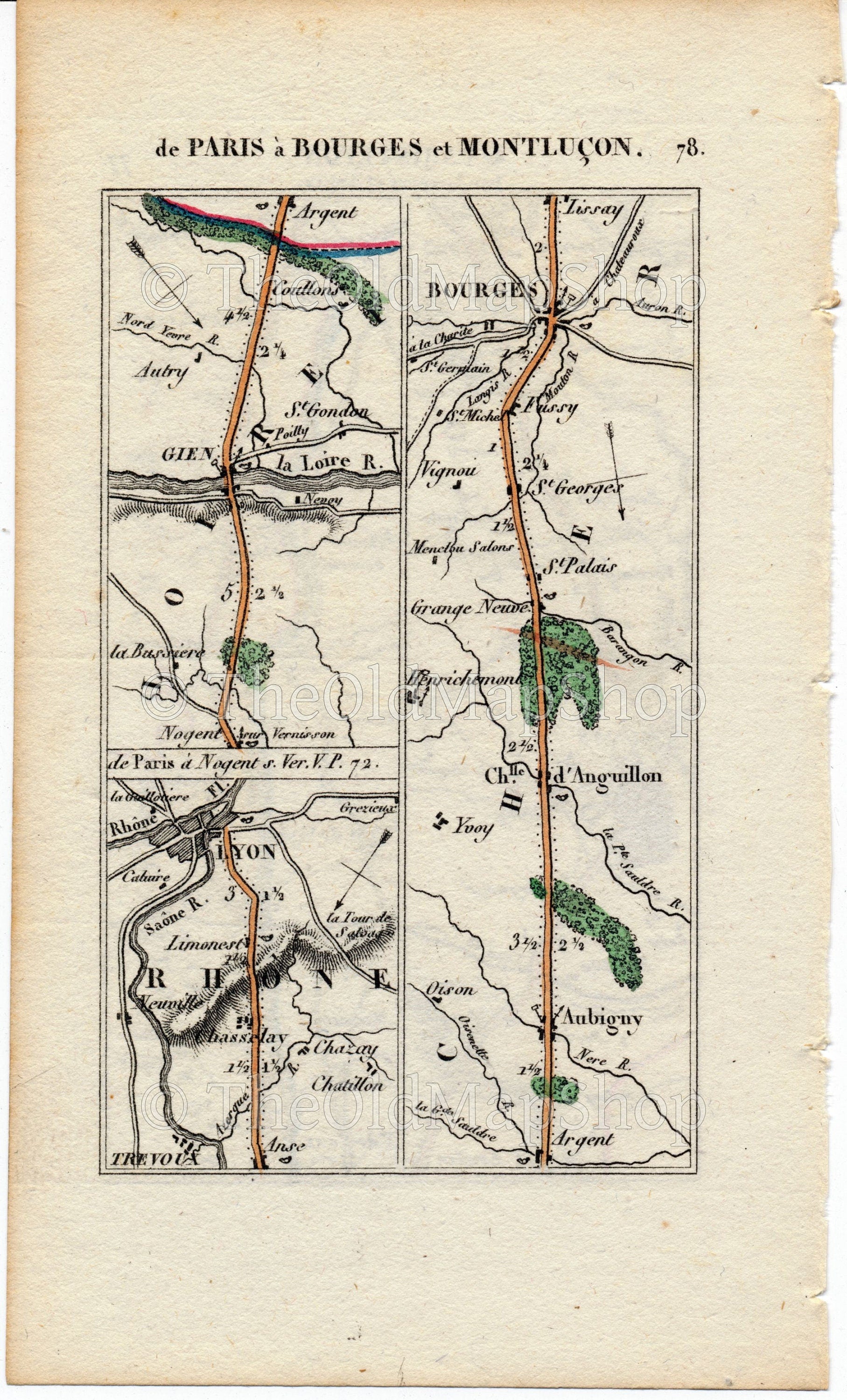 Rare 1826 A M Perrot Road Map - Chalon-sur-Saone, Tournus, Macon, Belleville, Trevoux, Lyon, Bourges, Aubigny-sur-Nere, Gien, France 77/78 - The Old Map Shop