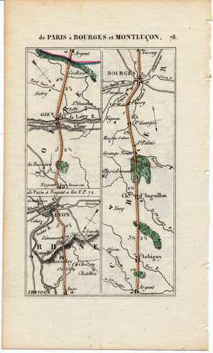 Rare 1826 A M Perrot Road Map - Chalon-sur-Saone, Tournus, Macon, Belleville, Trevoux, Lyon, Bourges, Aubigny-sur-Nere, Gien, France 77/78 - The Old Map Shop