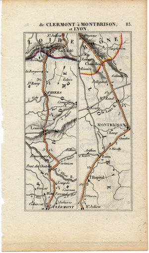 Rare 1826 A M Perrot Road Map - Clermont-Ferrand, Lezoux, Thiers, Montbrison, Yzeron, Lyon, Givors, Vienne, Tournon-sur-Rhone, France 83/84 - The Old Map Shop