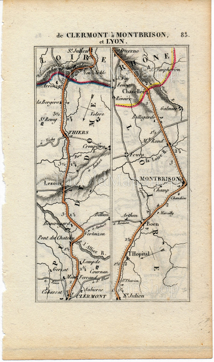 Rare 1826 A M Perrot Road Map - Clermont-Ferrand, Lezoux, Thiers, Montbrison, Yzeron, Lyon, Givors, Vienne, Tournon-sur-Rhone, France 83/84