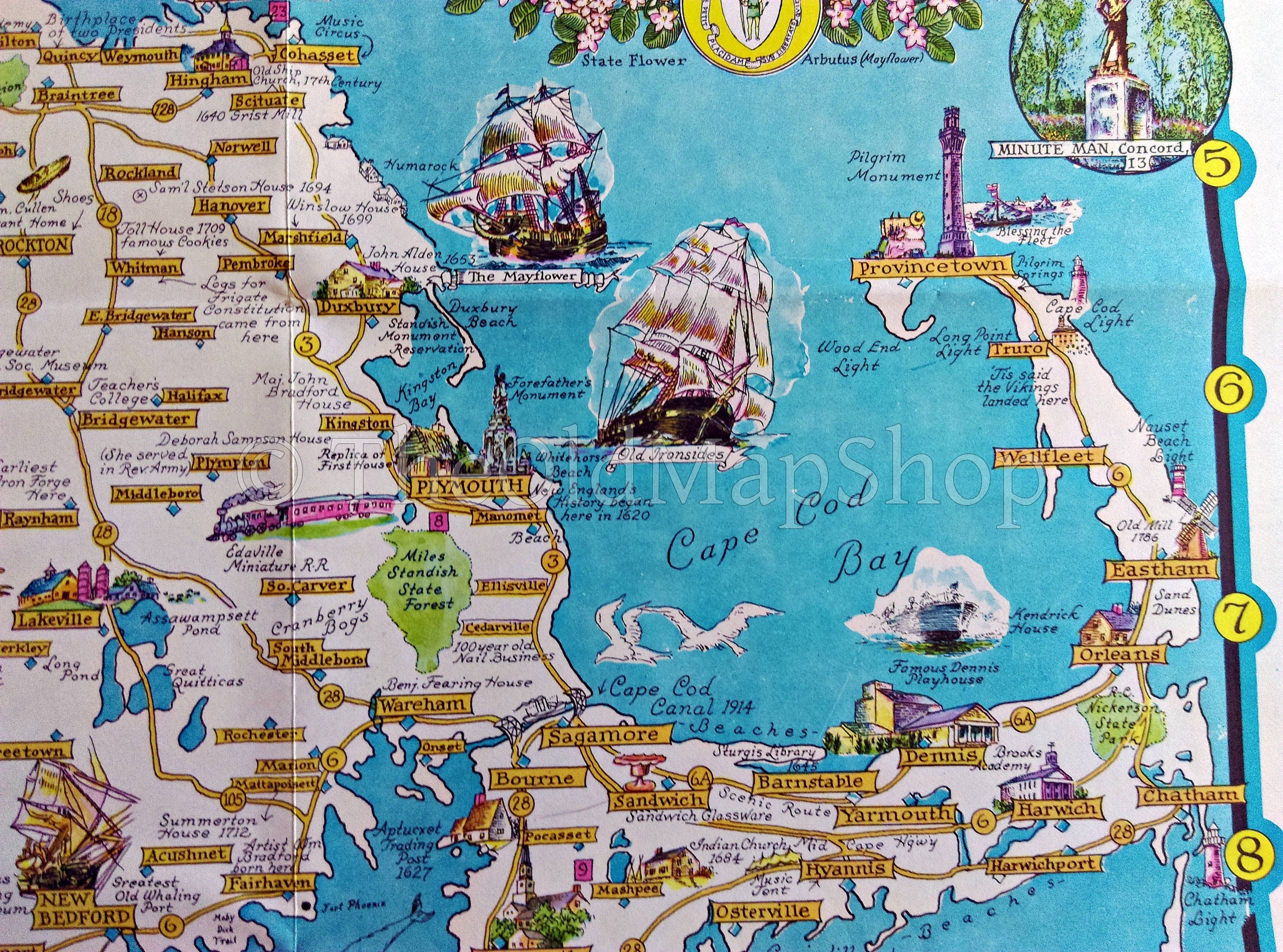 1964 Historic Massachusetts - A Travel Map by Ernest Dudley Chase. Pictorial Map Showing - Boston, Cape Cod, Martha's Vineyard,