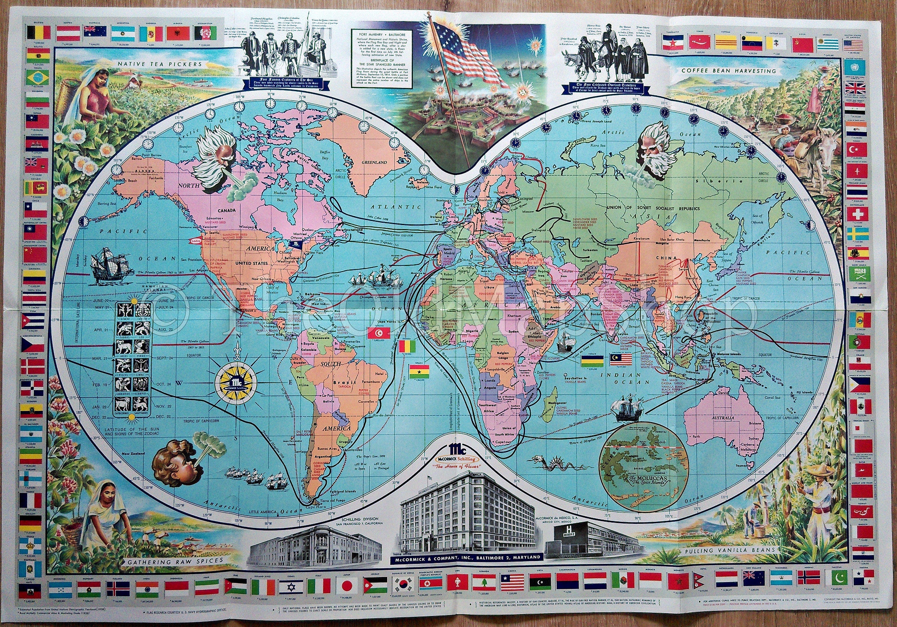 c.1959 McCormick's Pictorial Map of the World. Tea, Coffee, Spice Map of the world,