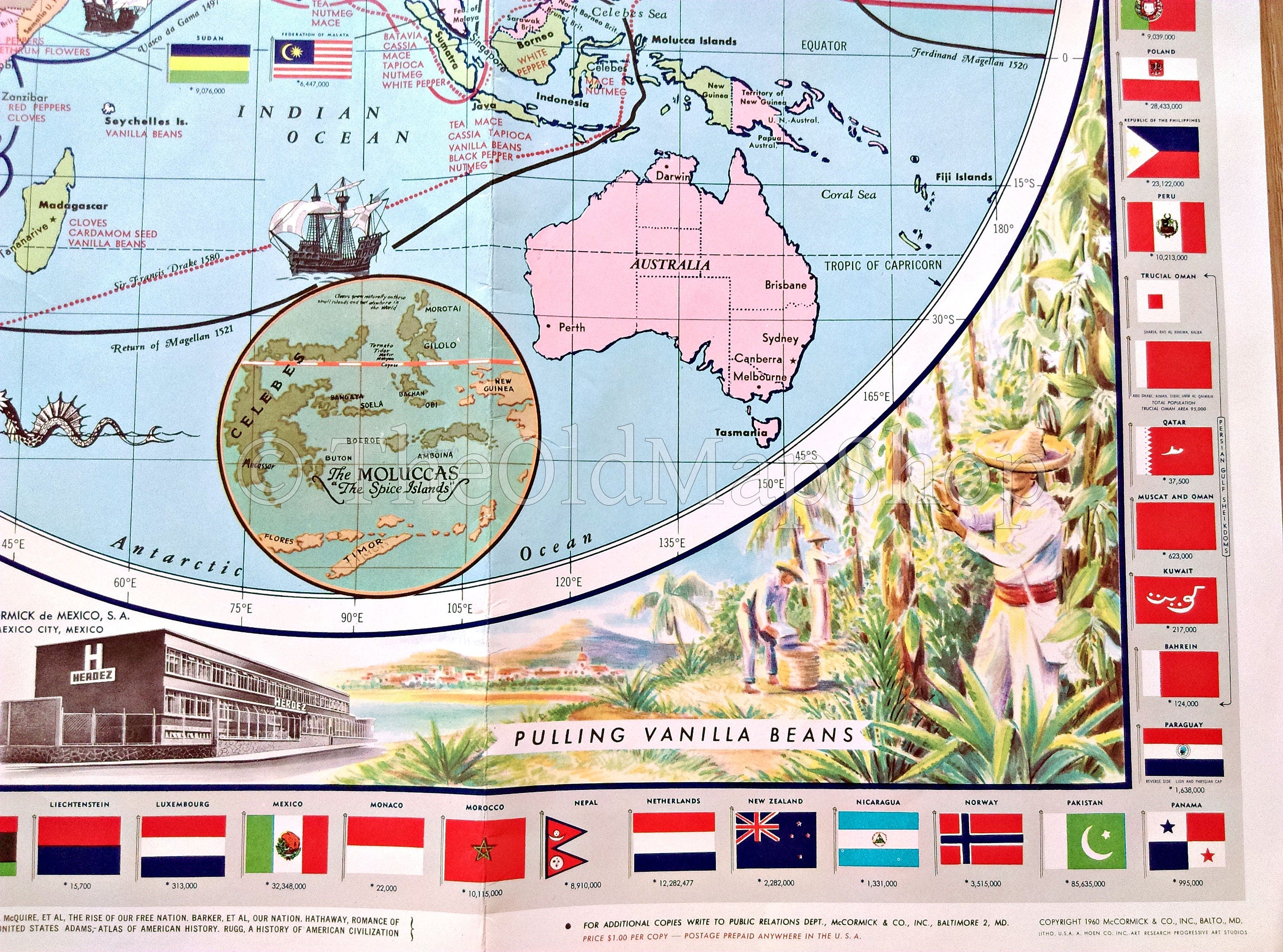 c.1959 McCormick's Pictorial Map of the World. Tea, Coffee, Spice Map of the world,