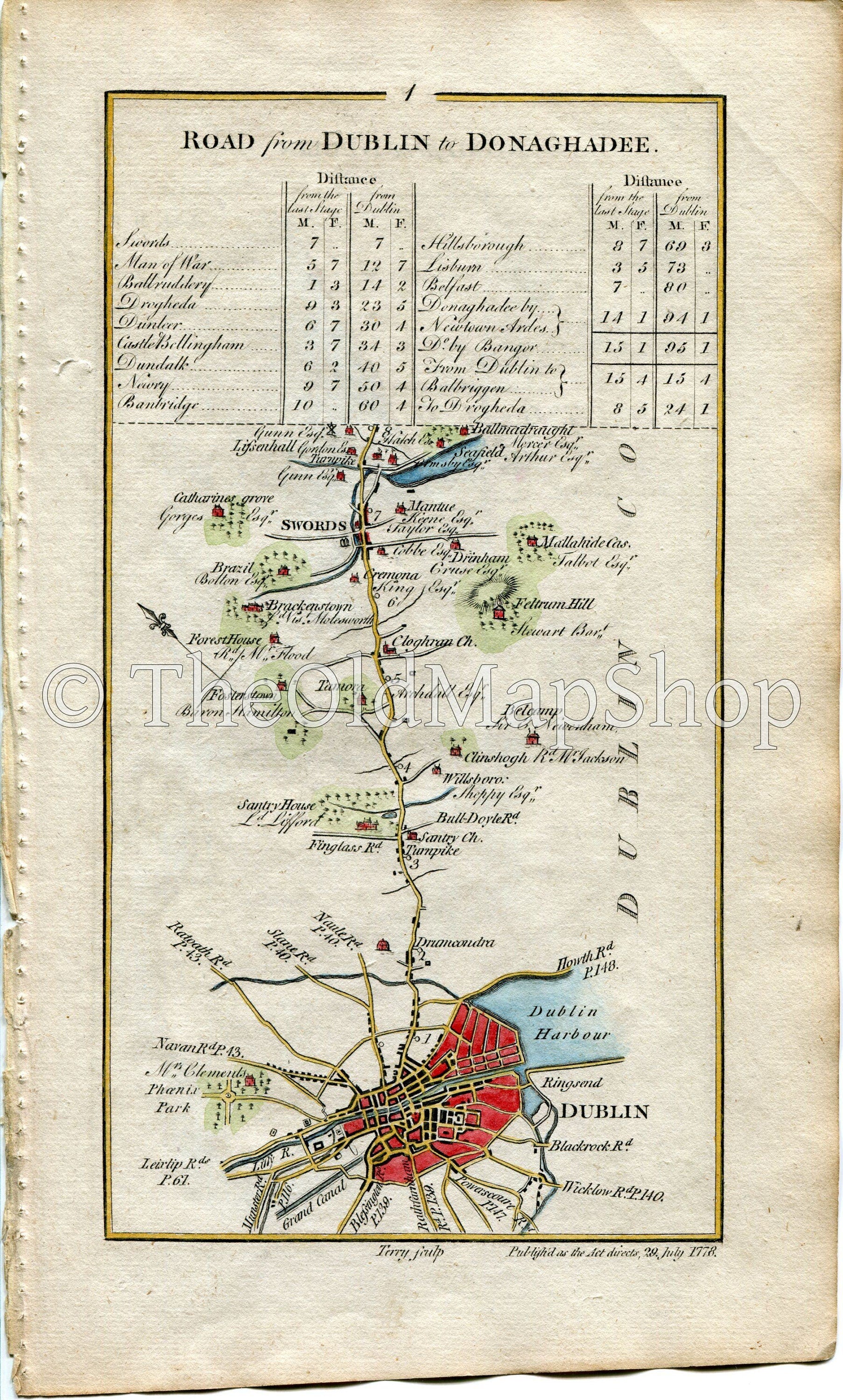 1778 Taylor & Skinner Antique Ireland Road Map 1/2 Dublin Swords Lusk Rush Loughshinny Skerries Balrothery Balbriggan Knocknagin Gormanston