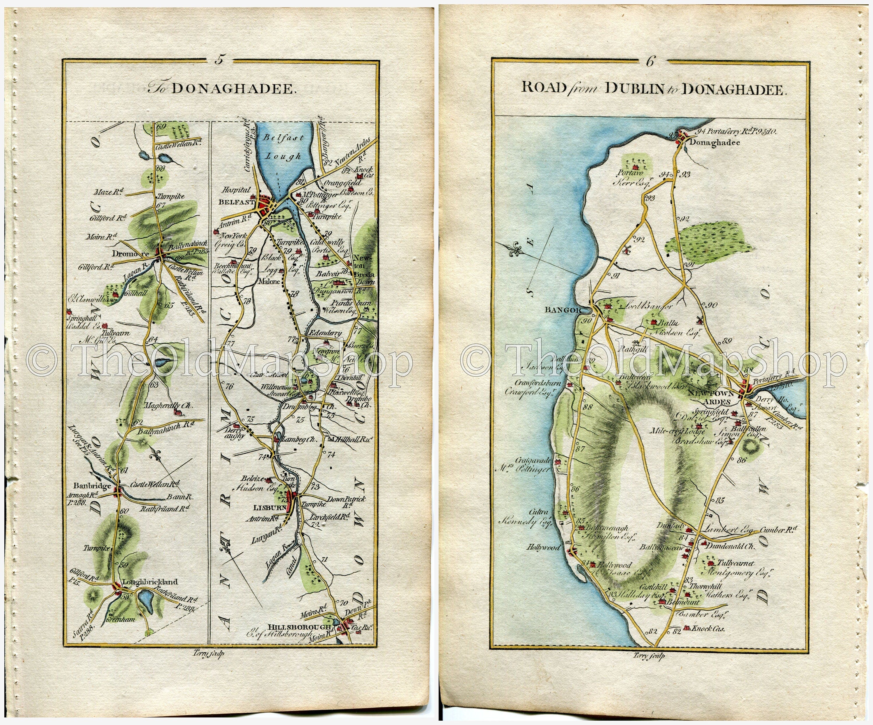 1778 Taylor & Skinner Antique Ireland Road Map 5/6 Loughbrickland Banbridge Dromore Hillsborough Lisburn Dunmurry Belfast Holywood Cultra