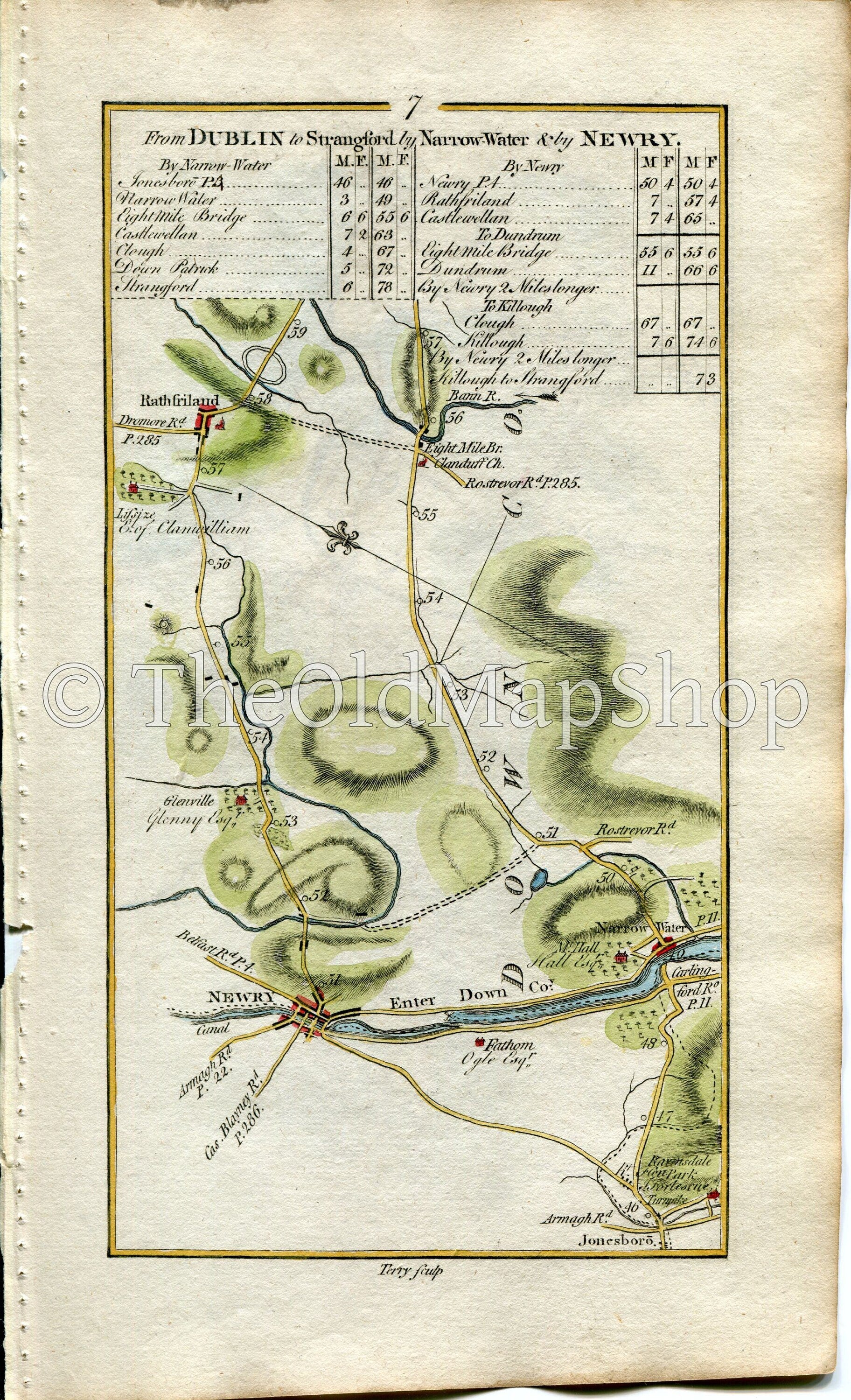 1778 Taylor & Skinner Antique Ireland Road Map 7/8 Jonesborough Newry Warrenpoint Rathfriland Castlewellan Newcastle Dundrum Clough Co. Down