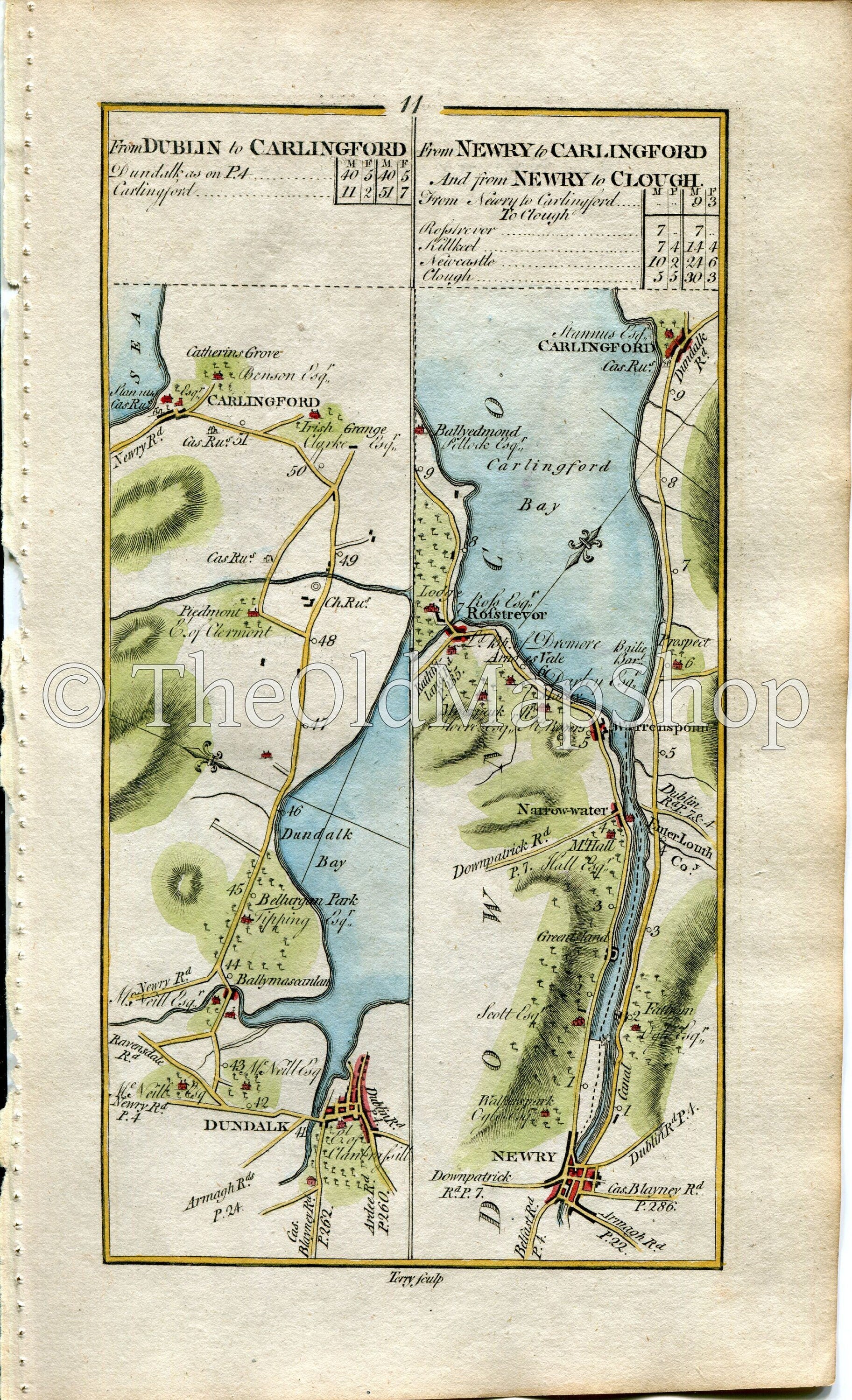 1778 Taylor & Skinner Antique Ireland Road Map 11/12 Dundalk Carlingford Newry Warrenpoint Rostrevor Kilkeel Annalong Newcastle Dundrum