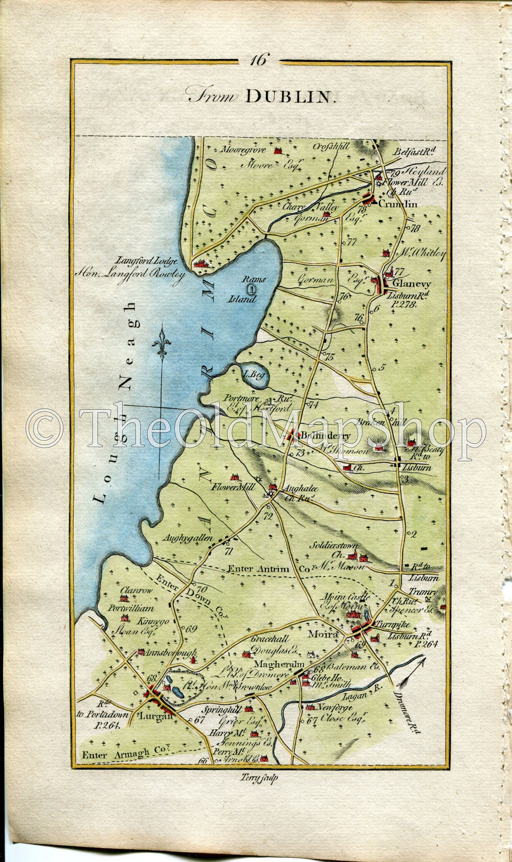 1778 Taylor & Skinner Antique Ireland Road Map 15/16 Banbridge Loughbrickland Gilford Lurgan Magheralin Aghalee Ballinderry Glenavy Crumlin