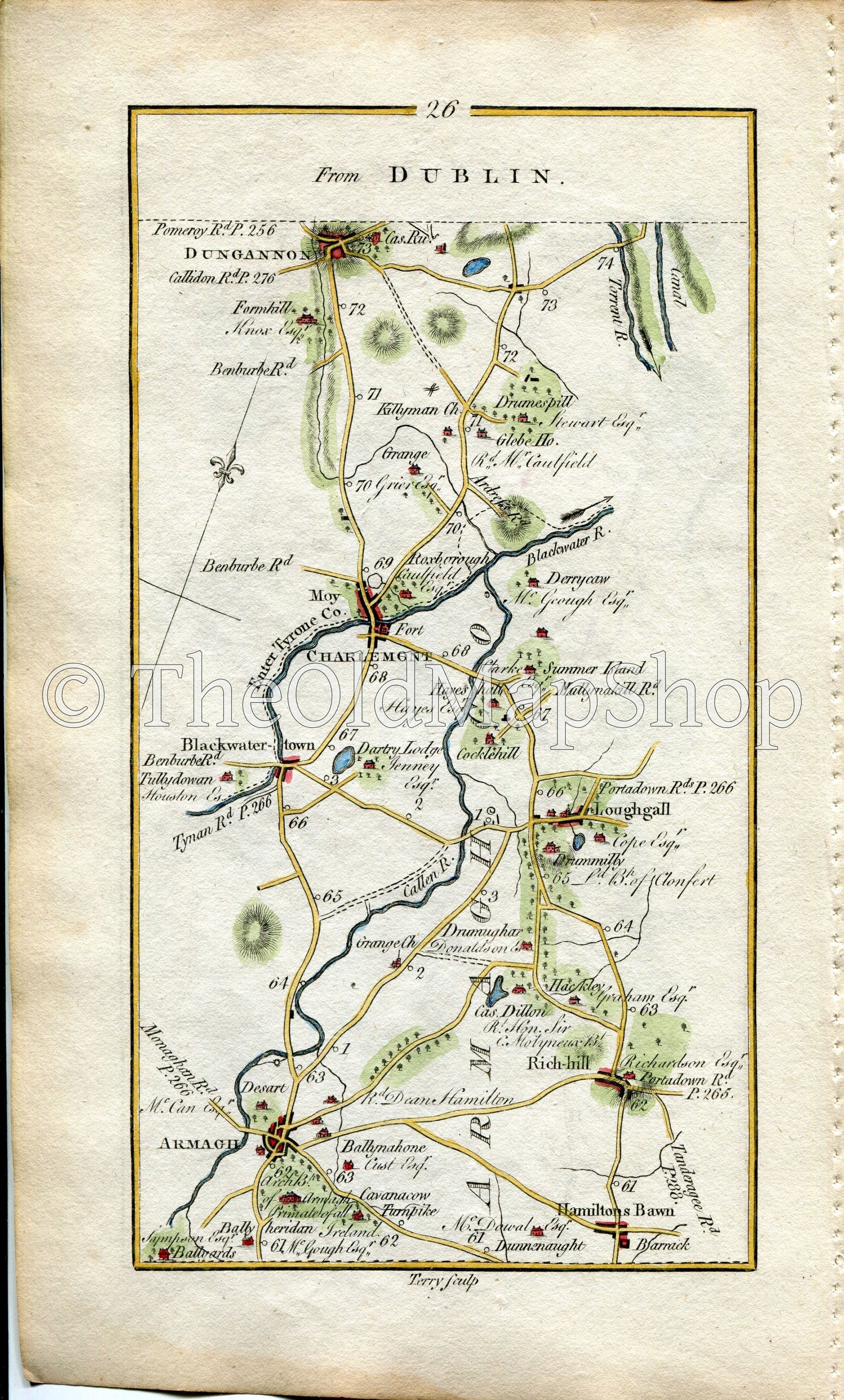 1778 Taylor & Skinner Antique Ireland Road Map 25/26 Newtownhamilton Markethill Lisnadill Richhill Loughgall Charlemont Moy Dungannon Armagh