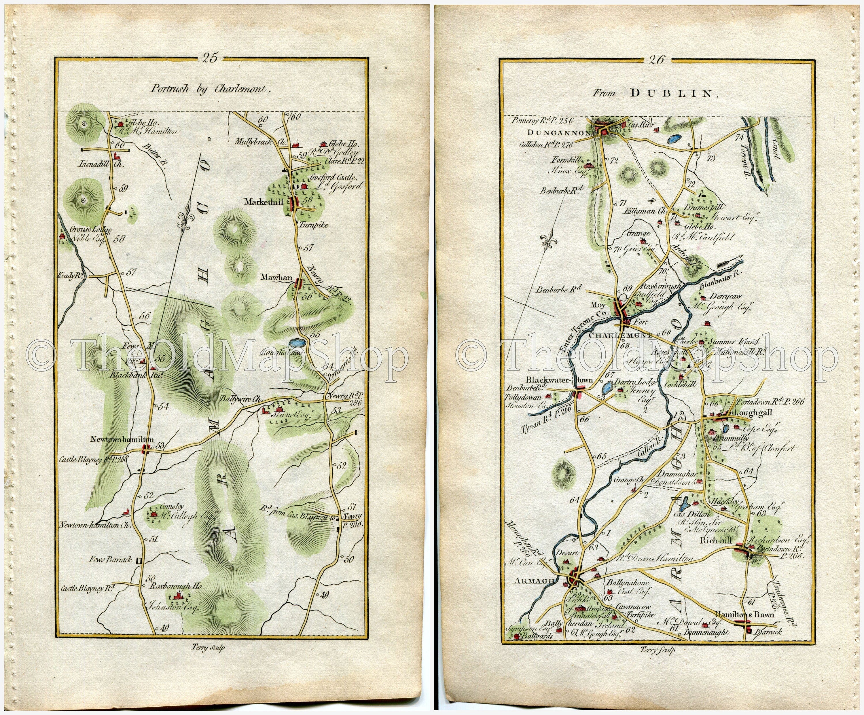 1778 Taylor & Skinner Antique Ireland Road Map 25/26 Newtownhamilton Markethill Lisnadill Richhill Loughgall Charlemont Moy Dungannon Armagh